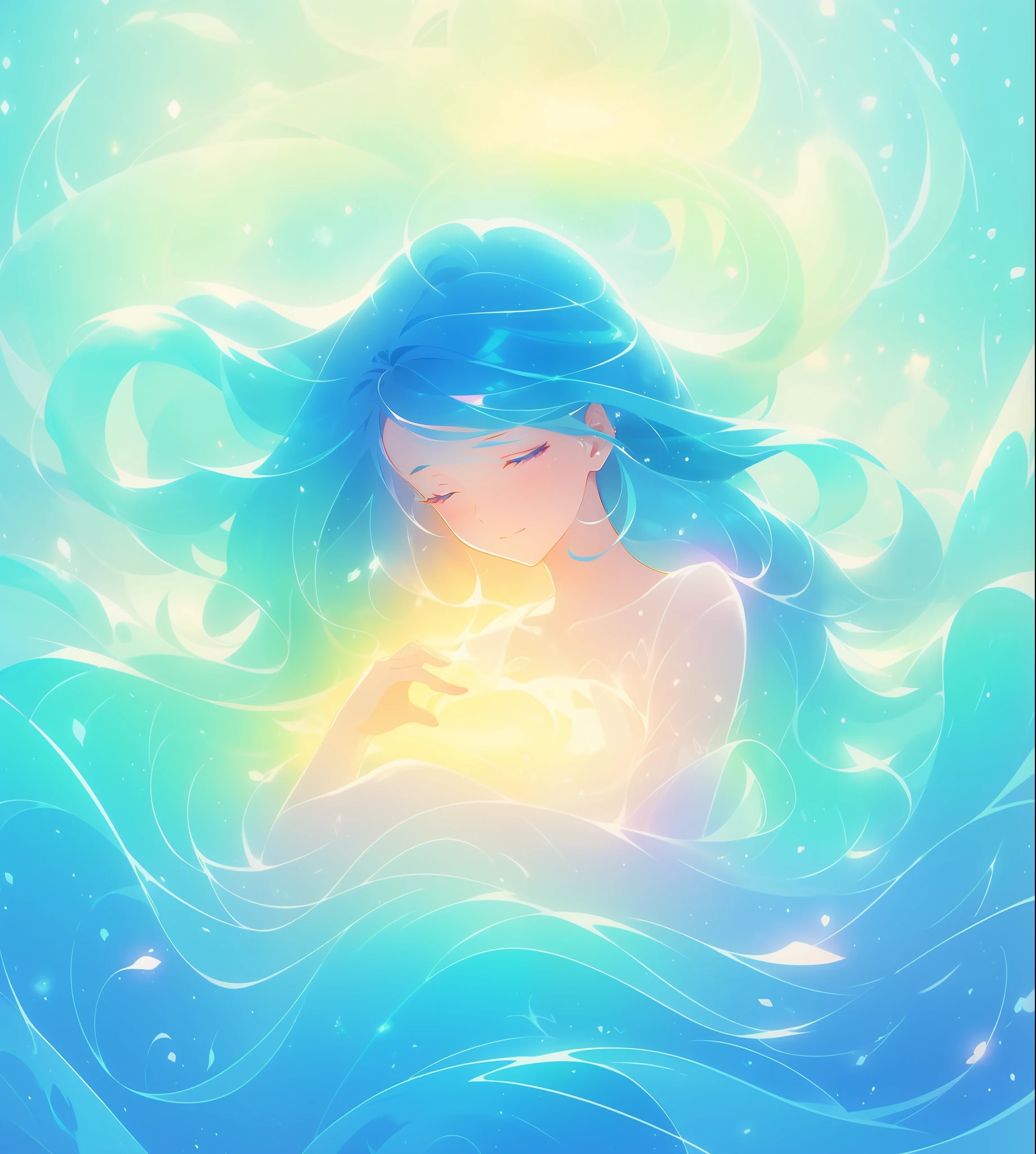 beautiful girl surrounded by liquid light, long wavy blue hair, watercolor illustration, inspired by Glen Keane, inspired by Lois van Baarle, disney art style, by Lois van Baarle, glowing aura around her, by Glen Keane, jen bartel, glowing lights! digital painting, flowing glowing hair, glowing flowing hair, beautiful digital illustration, fantasia otherworldly landscape plants flowers, beautiful, masterpiece, best quality, anime disney style