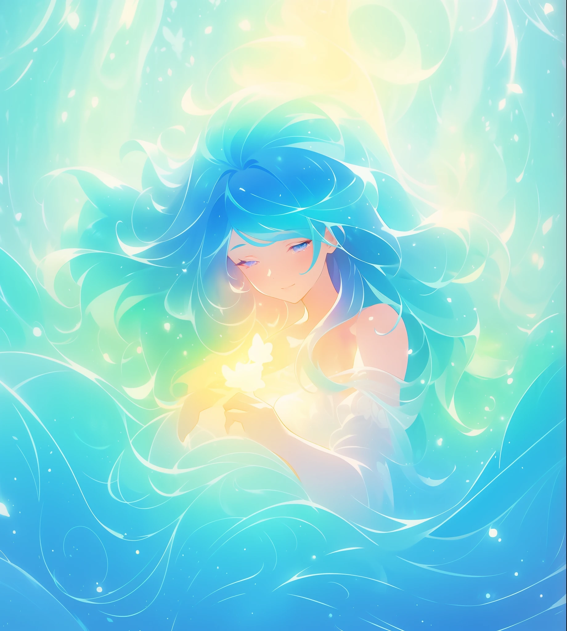beautiful girl surrounded by liquid light, long wavy blue hair, watercolor illustration, inspired by Glen Keane, inspired by Lois van Baarle, disney art style, by Lois van Baarle, glowing aura around her, by Glen Keane, jen bartel, glowing lights! digital painting, flowing glowing hair, glowing flowing hair, beautiful digital illustration, fantasia otherworldly landscape plants flowers, beautiful, masterpiece, best quality, anime disney style