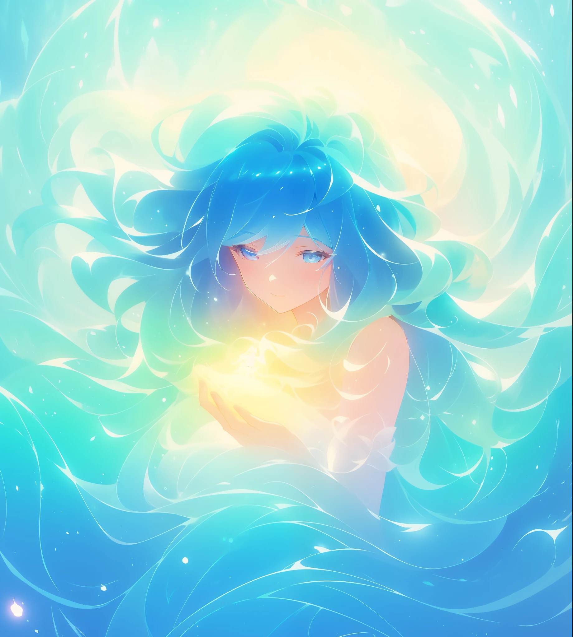 beautiful girl surrounded by liquid light, long wavy blue hair, watercolor illustration, inspired by Glen Keane, inspired by Lois van Baarle, disney art style, by Lois van Baarle, glowing aura around her, by Glen Keane, jen bartel, glowing lights! digital painting, flowing glowing hair, glowing flowing hair, beautiful digital illustration, fantasia otherworldly landscape plants flowers, beautiful, masterpiece, best quality, anime disney style