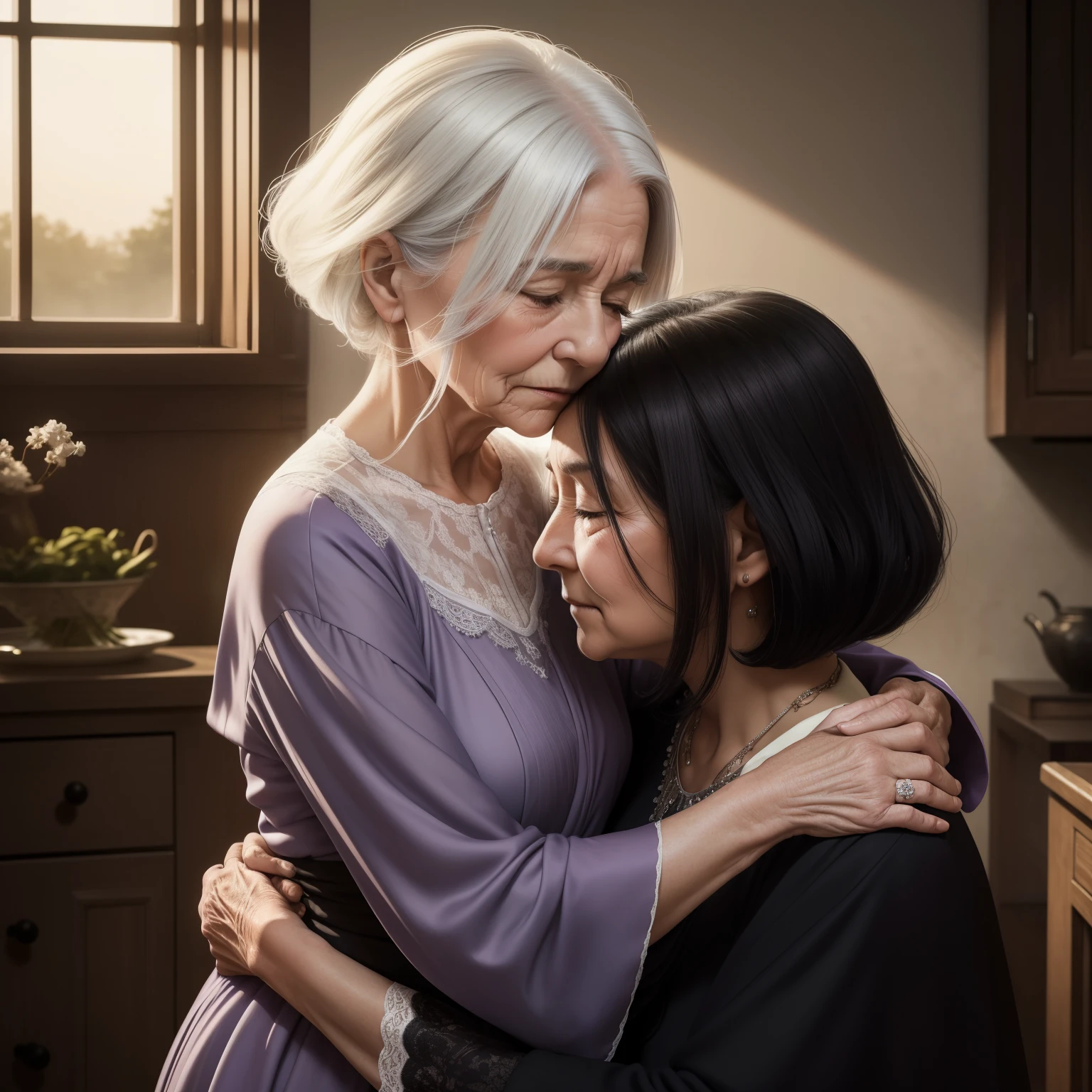 An elderly woman with white hair, dressed in a lilac gown, embraces her niece with black hair and black clothing. They stand facing the horizon with a contemplative expression, gazing at the vast expanse before them. The scene is captured in a Dutch angle perspective, adding a sense of depth and mystery to the image. The sun has set, casting the room in soft, dim lighting. The gentle curve of their embracing bodies, the delicate texture of their clothing, and the peaceful expression on their faces create an emotional and soothing atmosphere. The elderly woman's wrinkles and the girl's dark, expressive eyes add to the intricacy of this heartwarming scene.