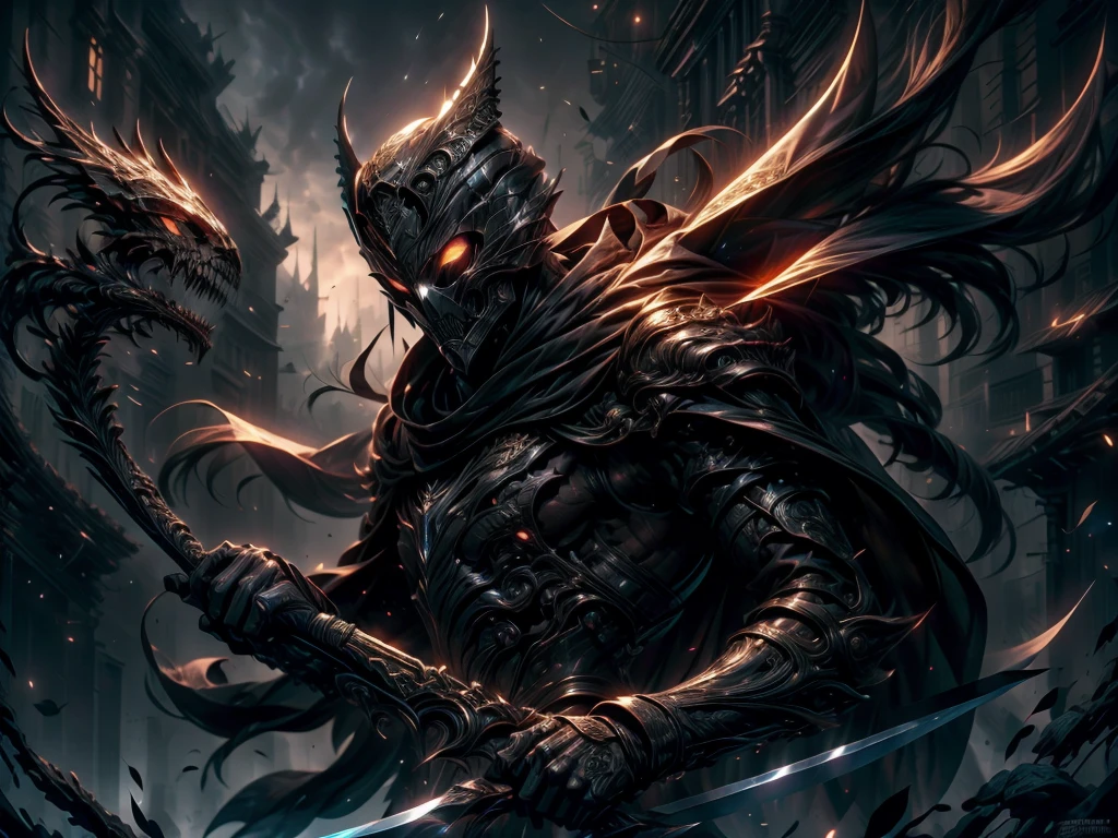 official art, unity 8k wallpaper, ultra detailed, aesthetically pleasing, High quality, masterpiece, best quality, (zentangle, mandala, tangle, entangle), archangel, anubis god, goat horns, large wings, (1male + 1girl), demi demon, (hyper detailed), (best quality), (realistic),(Beautiful), (dynamic angle), (dynamic pose), Male, tactical vest, Semi-automatic rifle, (detailed death mask), (tactical gear), with sword, survival gear, call of duty, black clothing, tall combat boots, long black coat, black skull mask, occult, (Epic),(realism), (stunning art), spot color, monotone, red, blood ,Blood fog, Splashing blood, red streaks, splash art, (dark fantasy), complicated background, empty eyes, lovecraftian, saiko takaki art, horror