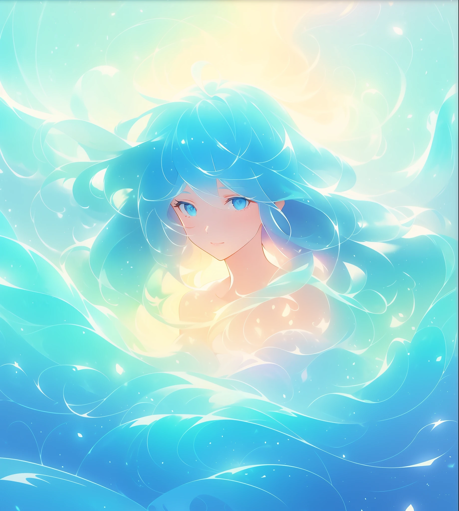 beautiful girl surrounded by liquid light, long wavy blue hair, watercolor illustration, inspired by Glen Keane, inspired by Lois van Baarle, disney art style, by Lois van Baarle, glowing aura around her, by Glen Keane, jen bartel, glowing lights! digital painting, flowing glowing hair, glowing flowing hair, beautiful digital illustration, fantasia otherworldly landscape plants flowers, beautiful, masterpiece, best quality, anime disney style