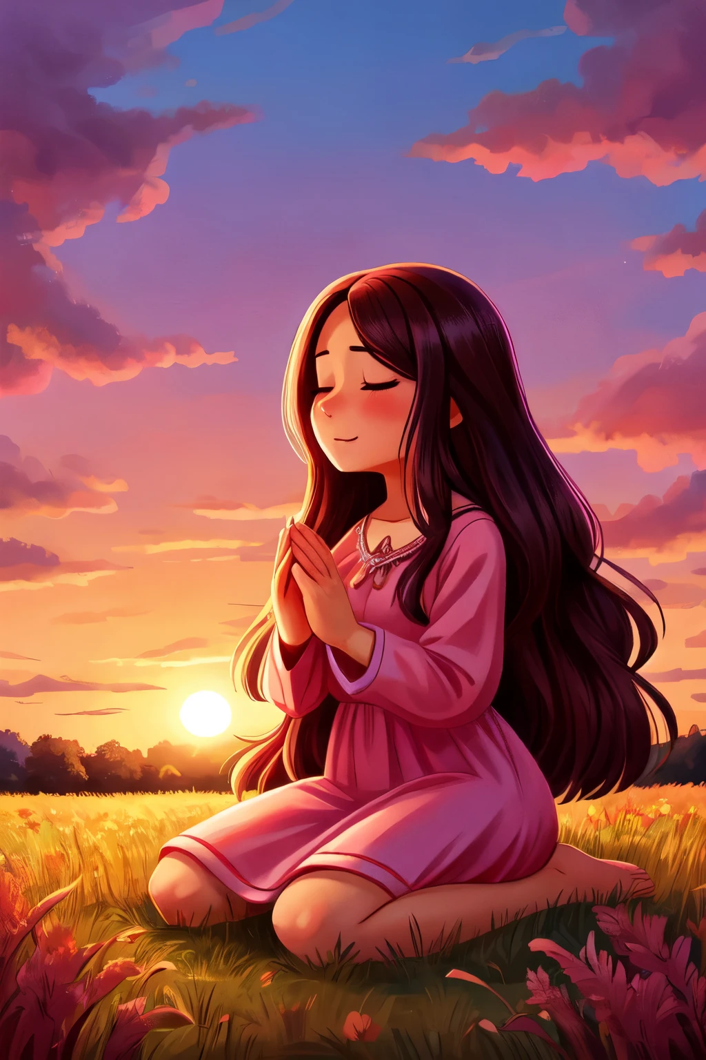  in pink dress and long hair praying in a field at sunset