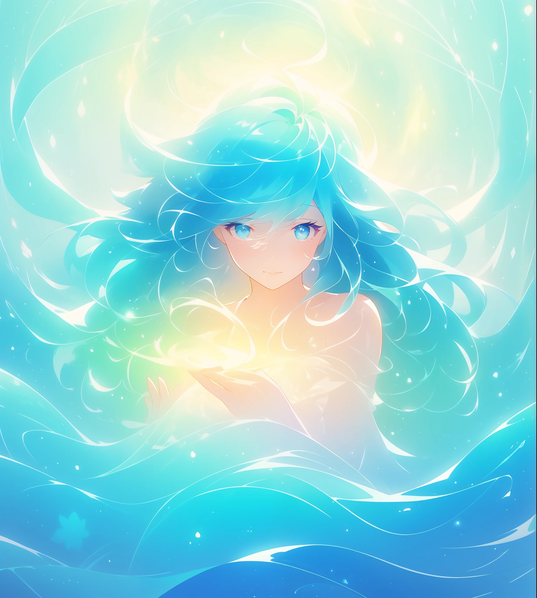 beautiful girl surrounded by liquid light, long wavy blue hair, watercolor illustration, inspired by Glen Keane, inspired by Lois van Baarle, disney art style, by Lois van Baarle, glowing aura around her, by Glen Keane, jen bartel, glowing lights! digital painting, flowing glowing hair, glowing flowing hair, beautiful digital illustration, fantasia otherworldly landscape plants flowers, beautiful, masterpiece, best quality, anime disney style