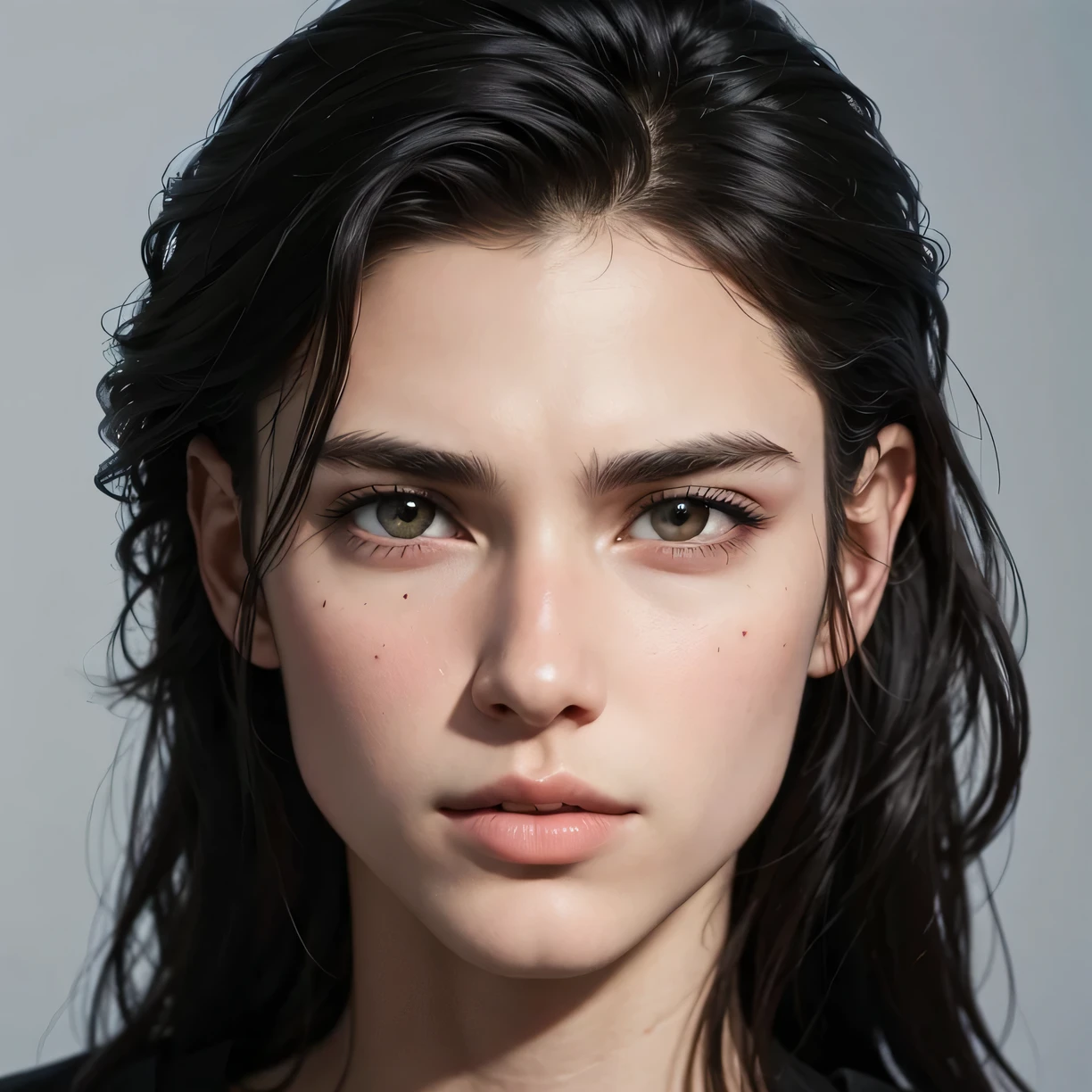 a close up of a man with long hair and a black shirt, androgynous face, accurate ultra realistic faces, hyperrealistic teen, androgynous male, an epic non - binary model, beautiful androgynous prince, androgynous person, accurate detailed face, delicate androgynous prince, david normal. photorealistic, anato finnstark. perfect faces
