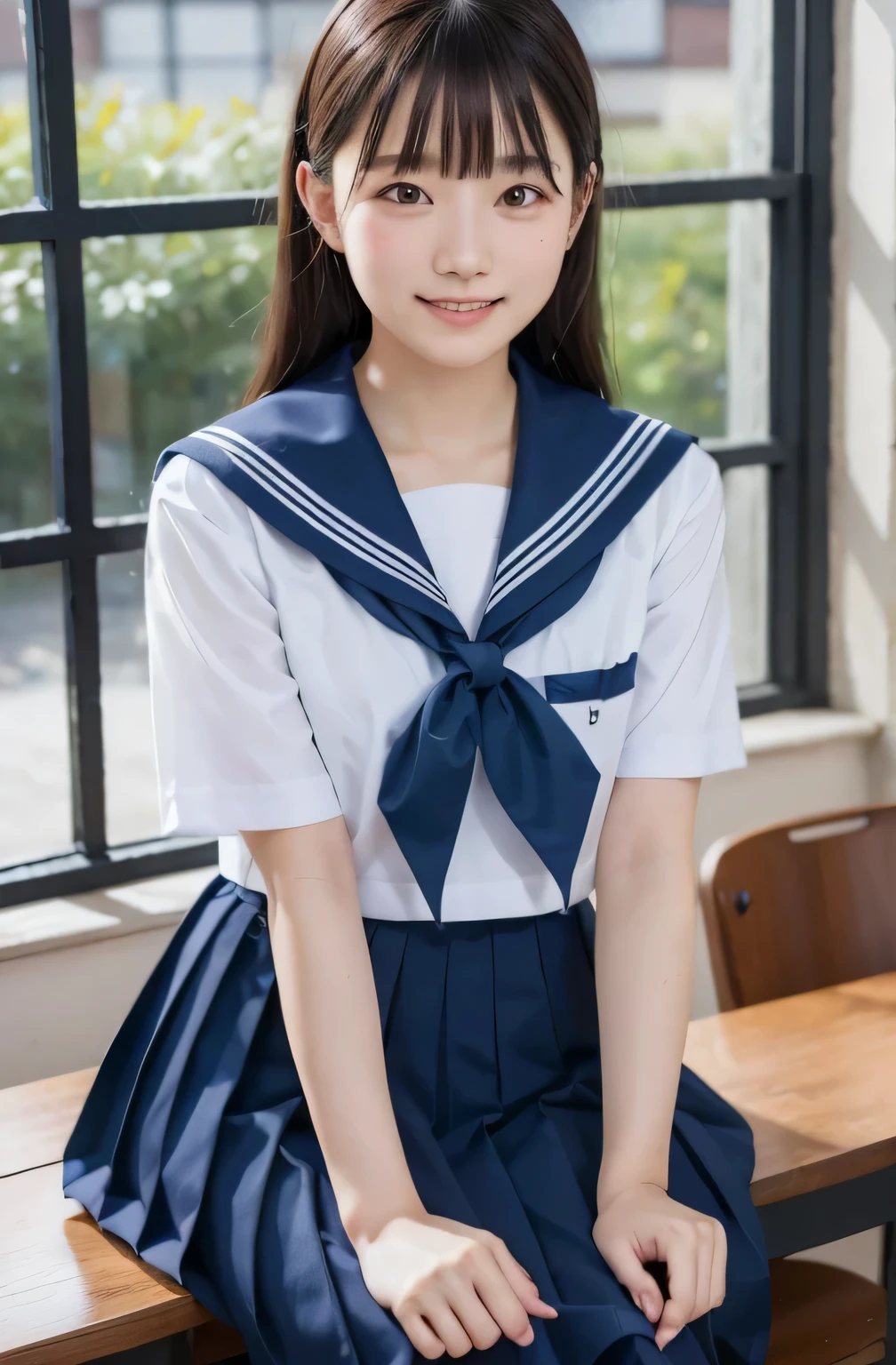 ((highest quality, 8K, table top: 1.3)), beauty, 1 Japanese girl, dark brown hair, 18-year-old, , smile, stand near the classroom window, dull bangs, Lower ponytail, face focus, detailed face, highly detailed lips, fine eyes, double eyelid, sweaty skin: 1.2, (((school uniform, Sailor Color Dress, dark blue dress,)))