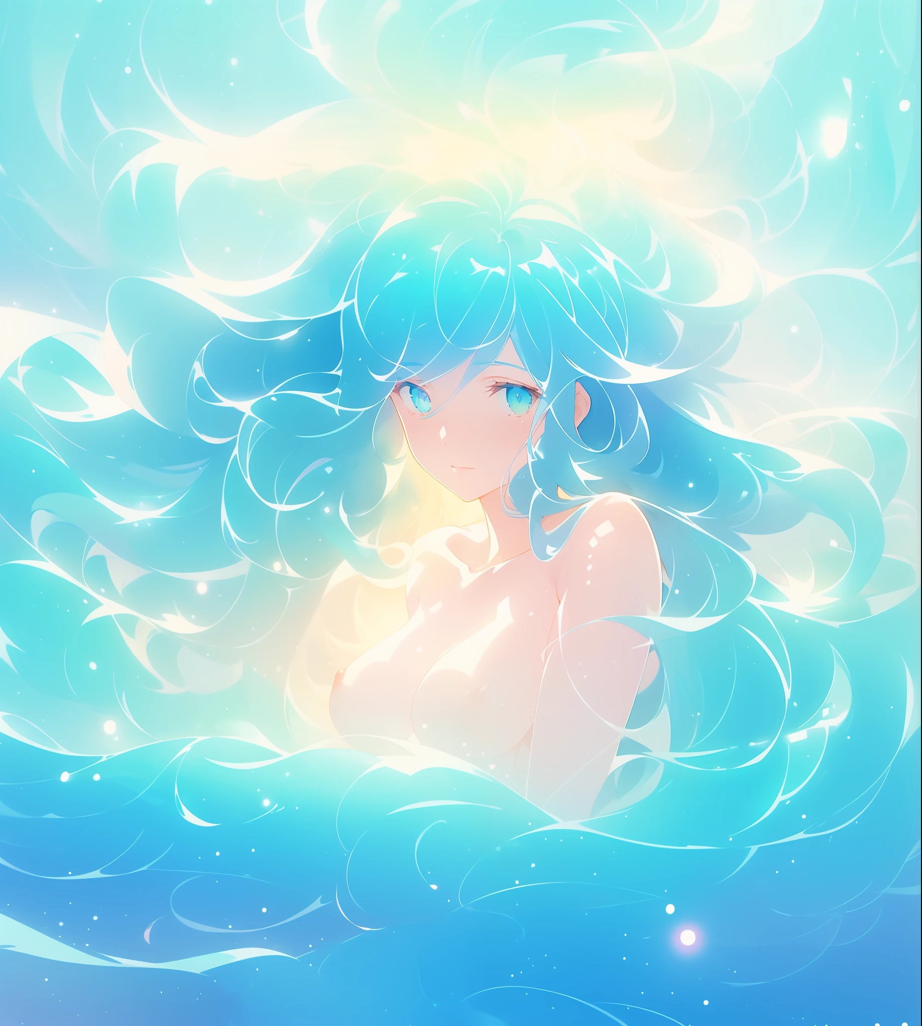 beautiful nude girl surrounded and covered by liquid light, long wavy blue hair, watercolor illustration, Glen Keane, Lois van Baarle, glowing flowing hair, beautiful digital illustration, beautiful, masterpiece, best quality, anime disney style