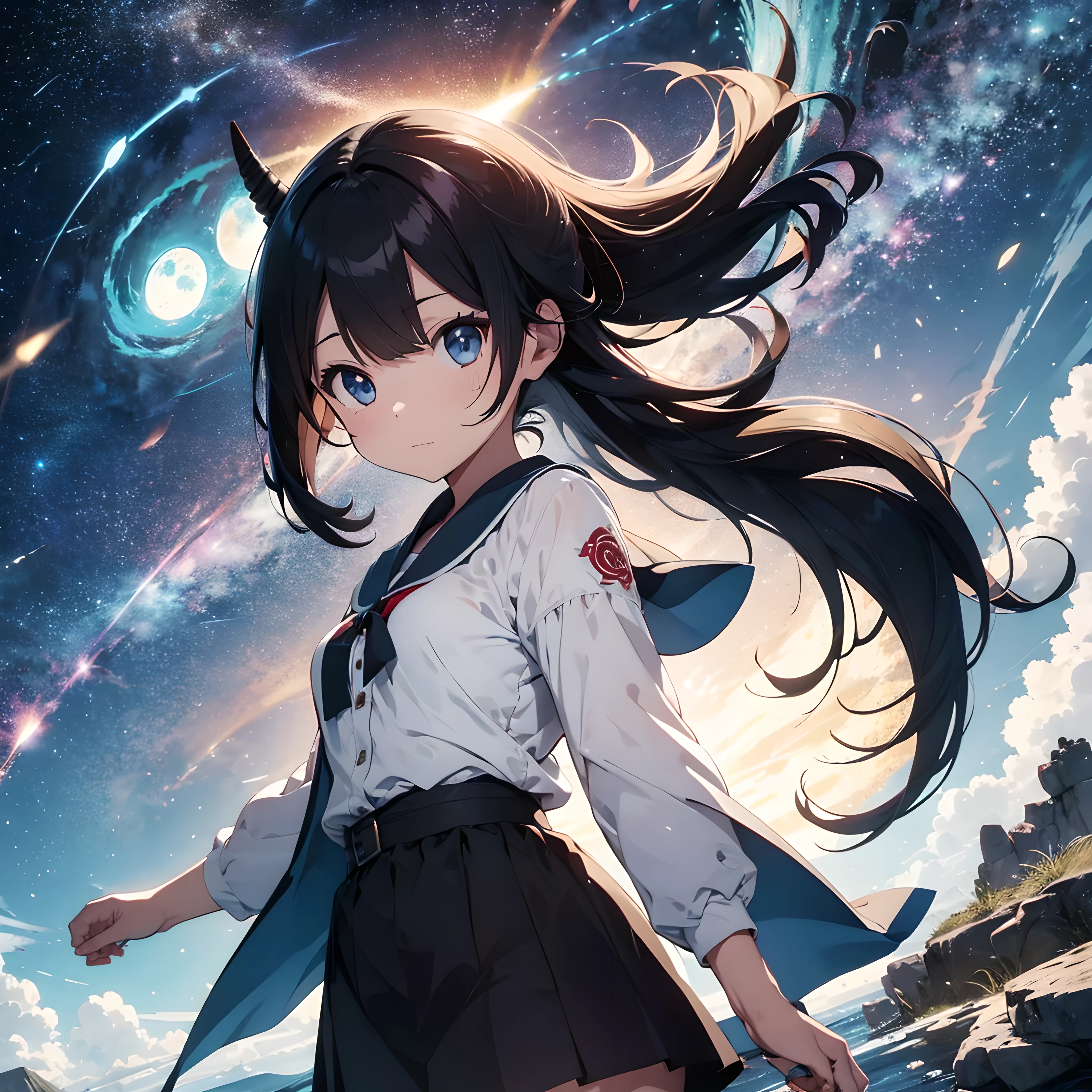 1 garota, roupas japonesas, rabo de cavalo ,cabelo branco, olhos roxos, magic circle, fogo azul, chamas azuis, papel de parede, paisagem, sangue, respingos de sangue, profundidade de campo, noite, light particles, raios de luz, side lighting, coxas, Jaqueta aberta, saia, coxas,