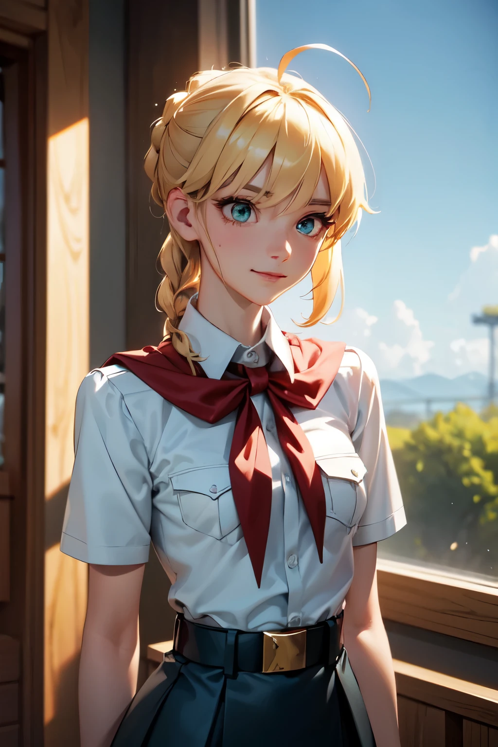 blond hair, braid, ahoge, raised eyebrows, sparkling eyes, green eyes, shy smile, atmospheric perspective, anime style, cinematic lighting, glowing light, Wide-Angle, 8k, best quality, masterpiece, high details, high quality, slim and fit young girl, perfect flat breast, slim waist, pioneer neckerchief, blue microskirt, bangs, white thight shirt, short sleeves, collared shirt, belt, eyelashes, red neckerchief, breast pocket, saber