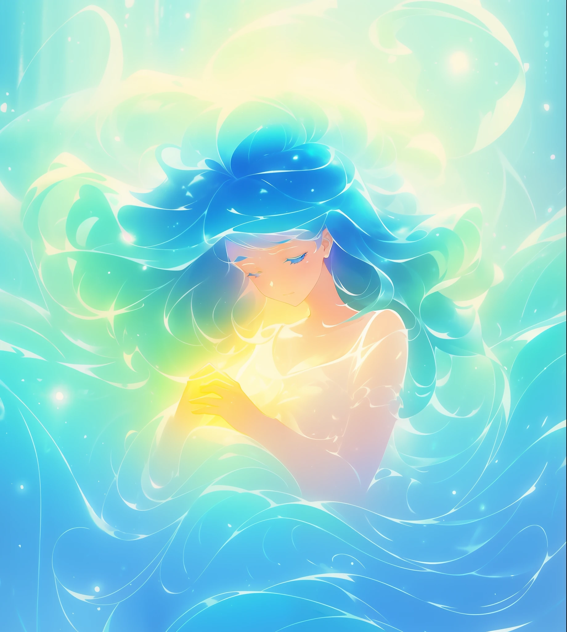beautiful girl surrounded by liquid light, long wavy blue hair, watercolor illustration, inspired by Glen Keane, inspired by Lois van Baarle, disney art style, by Lois van Baarle, glowing aura around her, by Glen Keane, jen bartel, glowing lights! digital painting, flowing glowing hair, glowing flowing hair, beautiful digital illustration, fantasia otherworldly landscape plants flowers, beautiful, masterpiece, best quality, anime disney style