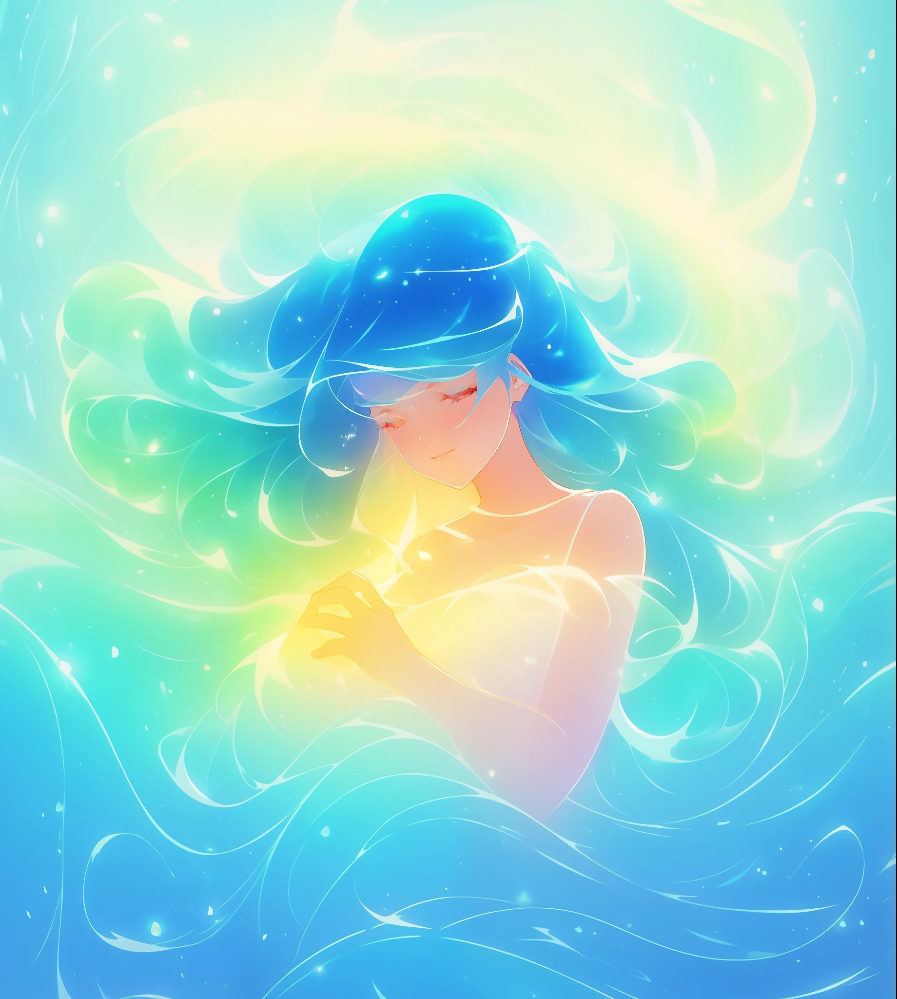 beautiful girl surrounded by liquid light, long wavy blue hair, watercolor illustration, inspired by Glen Keane, inspired by Lois van Baarle, disney art style, by Lois van Baarle, glowing aura around her, by Glen Keane, jen bartel, glowing lights! digital painting, flowing glowing hair, glowing flowing hair, beautiful digital illustration, fantasia otherworldly landscape plants flowers, beautiful, masterpiece, best quality, anime disney style