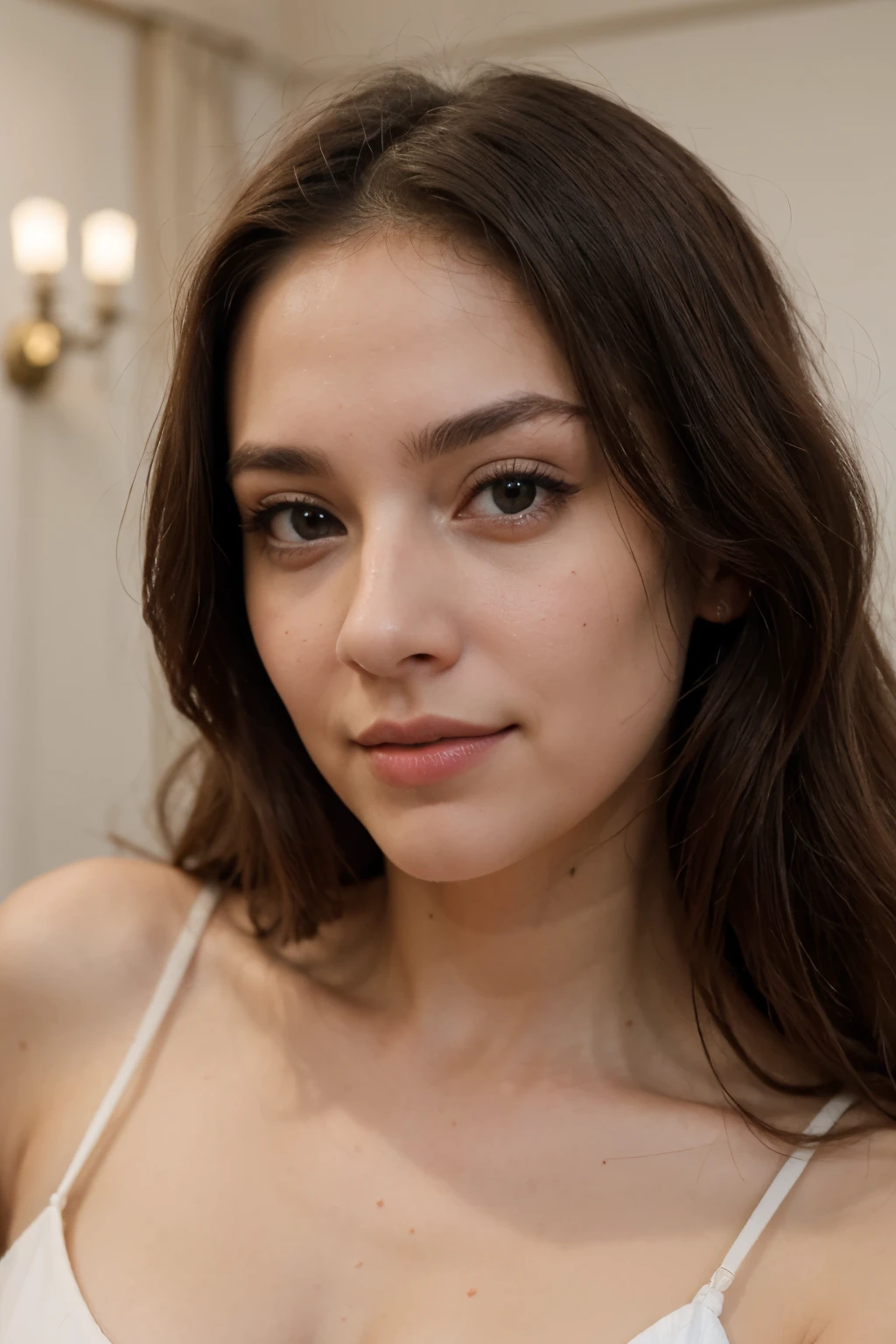 ((Mejor calidad)), ((obra maestra)), (detallado), cara perfecta. Imagina a una mujer de piel blanca, cuya tez es como porcelana, suave y radiante. Her brown hair falls in silky cascades around her shoulders., enmarcando delicadamente su rostro. Sus ojos, profundos y expresivos, centellean con una mezcla de inteligencia y dulzura, catching the light hypnotically when looking at the camera. Sus labios, suaves y rosados, curvan una sonrisa que ilumina su rostro con un encanto innegable.
Esta mujer posee una figura espectacular, con curvas que enaltecen su feminidad, destacando unos senos grandes y bien proporcionados que son la envidia de muchas. Your presence is magnetic, and his ability to captivate the camera is innate. Cada gesto, cada mirada, It is infused with a natural sensuality and palpable confidence that make her the center of attention wherever she goes..
Her beauty is more than physical; It is photographic in the sense that every angle, cada pose, parece sacada de una obra de arte. His charisma transcends images, leaving an indelible impression on all who have the privilege of seeing it, either in person or through a photograph. Es una mujer que encarna la esencia misma de la belleza, with a magnetism that transcends the barriers of mere physical appearance.