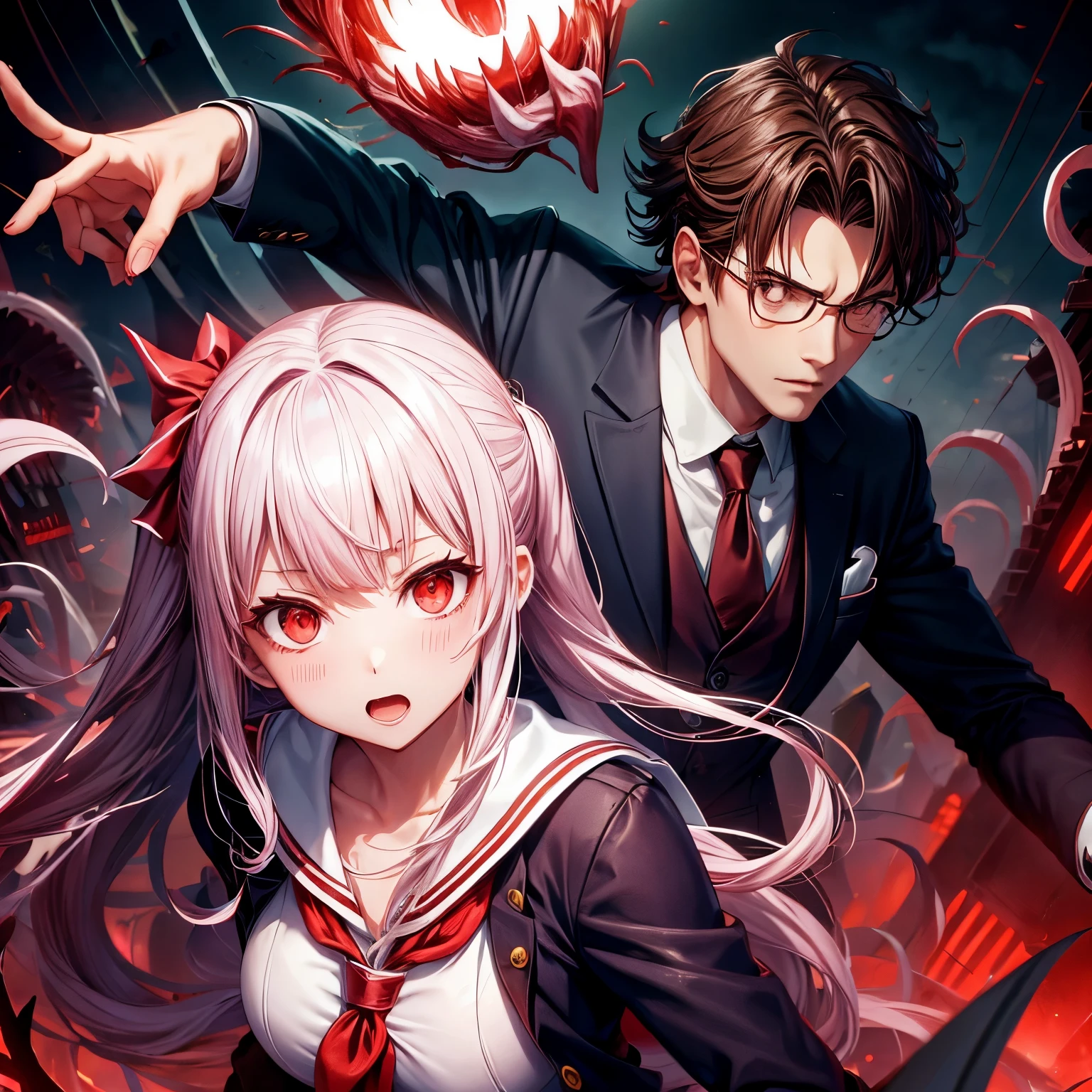 Yandere girl in sailor and a guy in suit beside girl