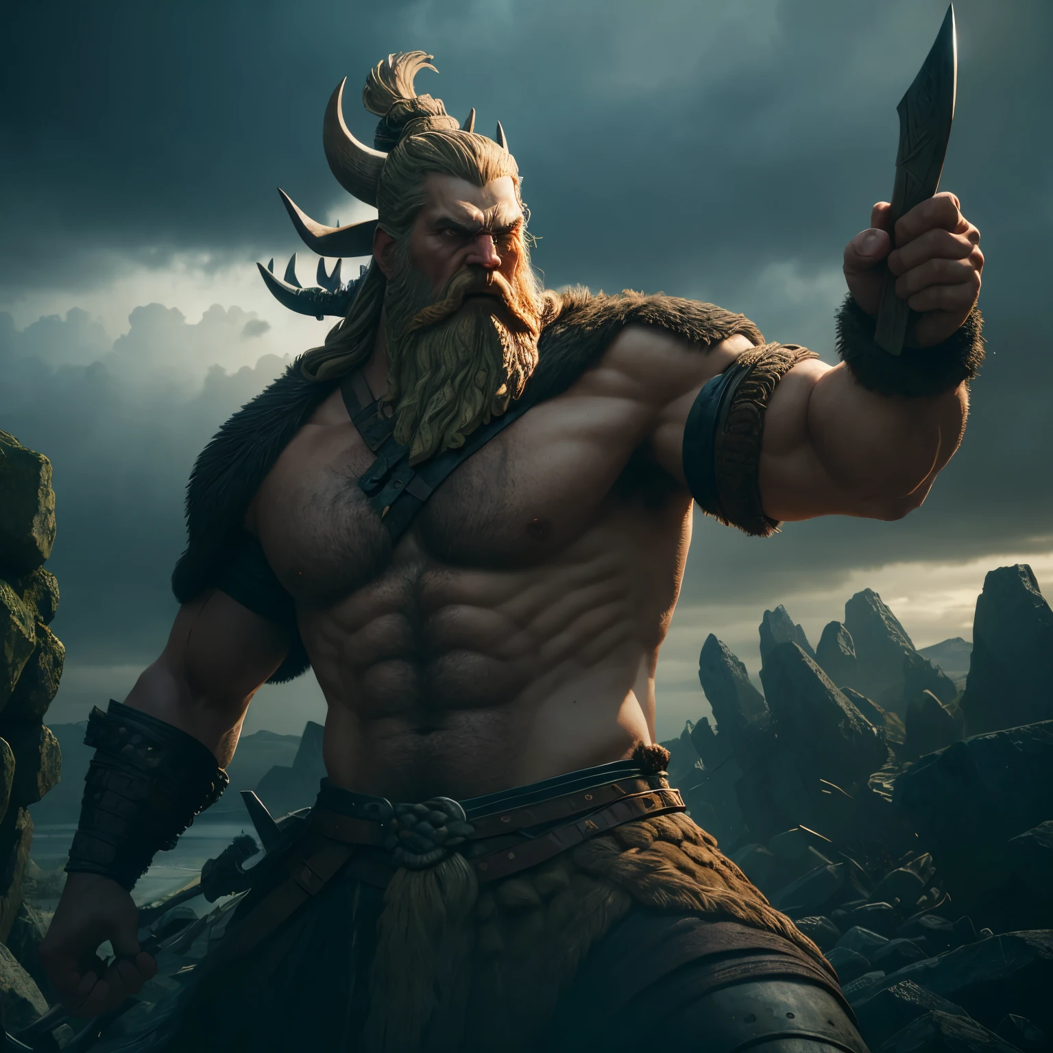 A realistic Norse statue of a towering, bearded Viking with deep-set, dark eyes and prominent scarring,Showcasing his fierce rage and fury in the heat of battle, ultra-detailed and hyper-realistic rendering, set against a moody, muted backdrop, with sharp shadows and highlights, 8K resolution.