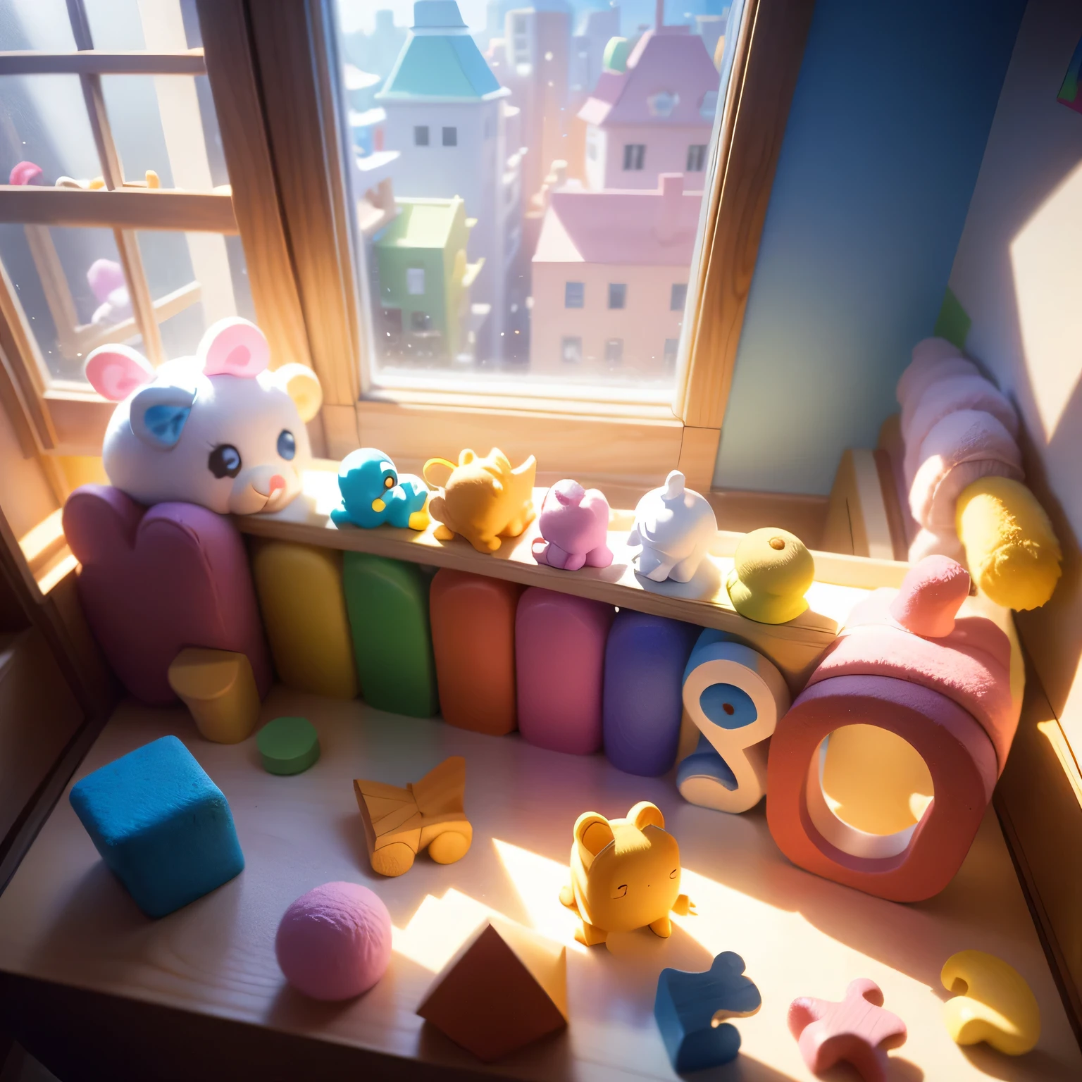 A children wooden puzzle toy in a children's room full of toys all over, light from a window, the puzzle partially completed with animal shapes, surrounded by plush toys and colorful blocks, sunlight casting a warm glow on the scene, Photography, DSLR camera with a 50mm lens, f/1.8 aperture, natural lighting