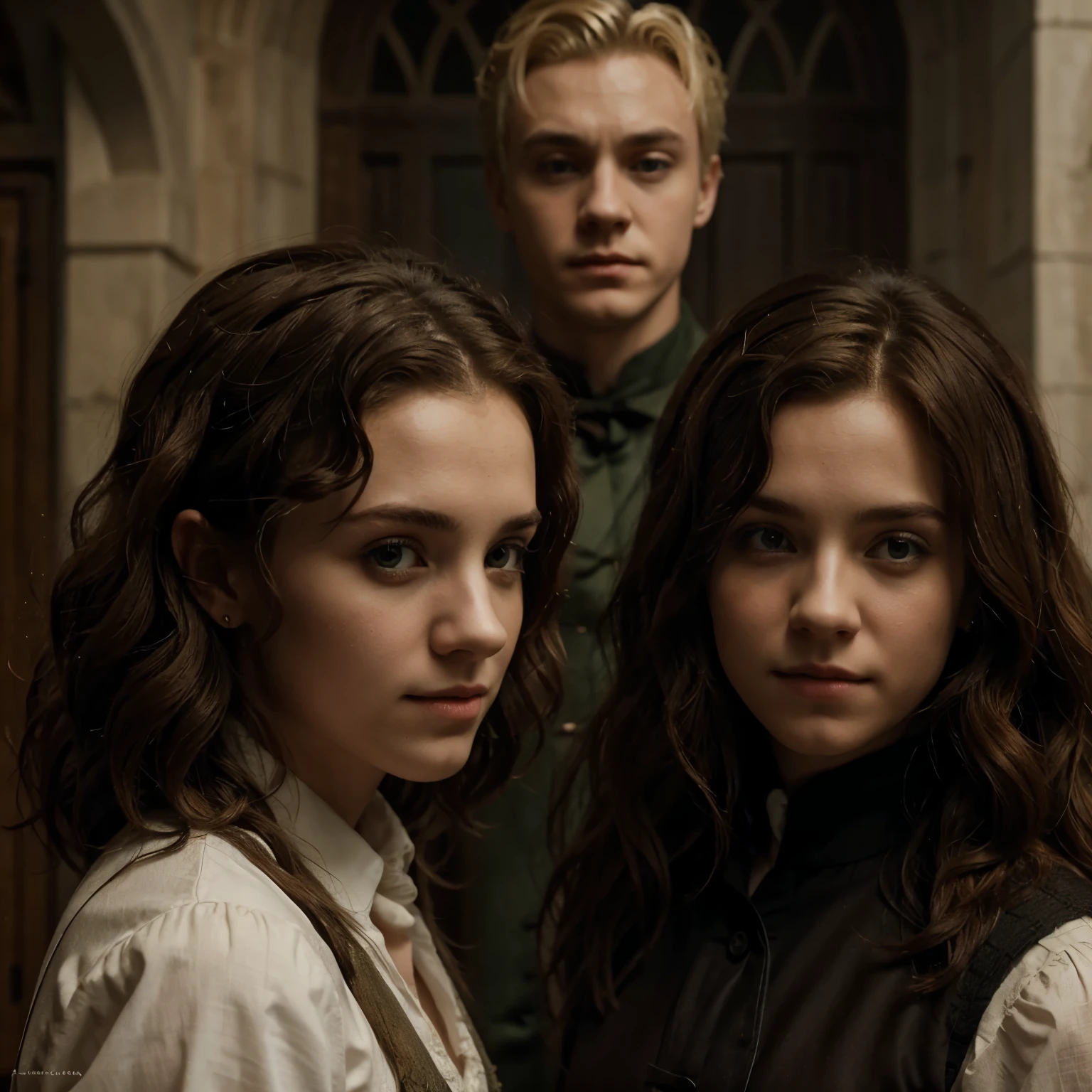 Create a picture of Draco Malfoy and a girl with curly brown hair, cerca de besarse