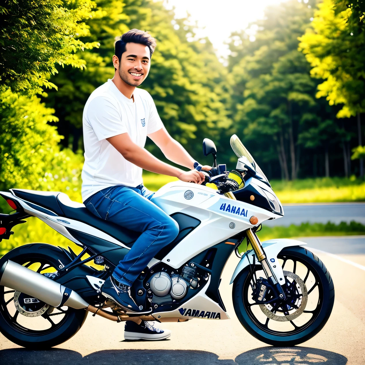 A man dressed in a white shirt and gray jeans is sitting confidently on a Yamaha R15 motorcycle.. Sus zapatillas Vans se asoman por debajo de los jeans.. La motocicleta brilla bajo la luz del sol., Its metallic surface reflects the vibrant colors of its surroundings clearly.. La profundidad de campo es perfecta., blur the background to create a cinematic effect. The man wears a satisfied smile on his face., adding a touch of charm to the scene, claramente disfrutando del mejor momento de calidad a bordo de su querida bicicleta.