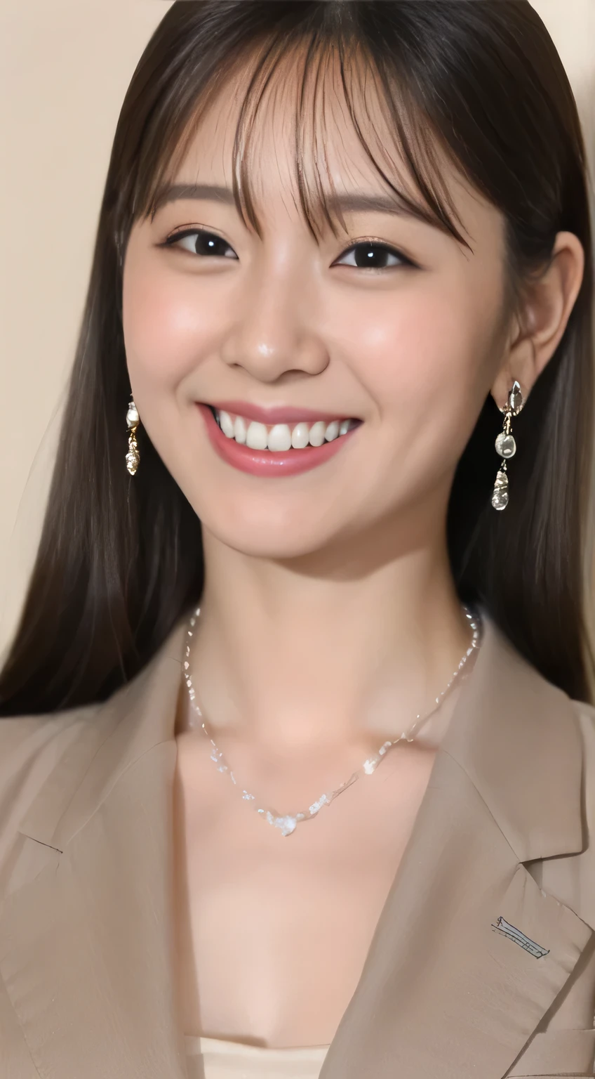 The face is a hostess、Attire is a business suit、high quality、surreal、healthy、smileの表情、Slender perfect figure、beauty of japan、beautiful eyes、perfect face、beautiful skin、black hair、dark eyeliner、necklace around neck、ear piercing、smile、beautiful teeth