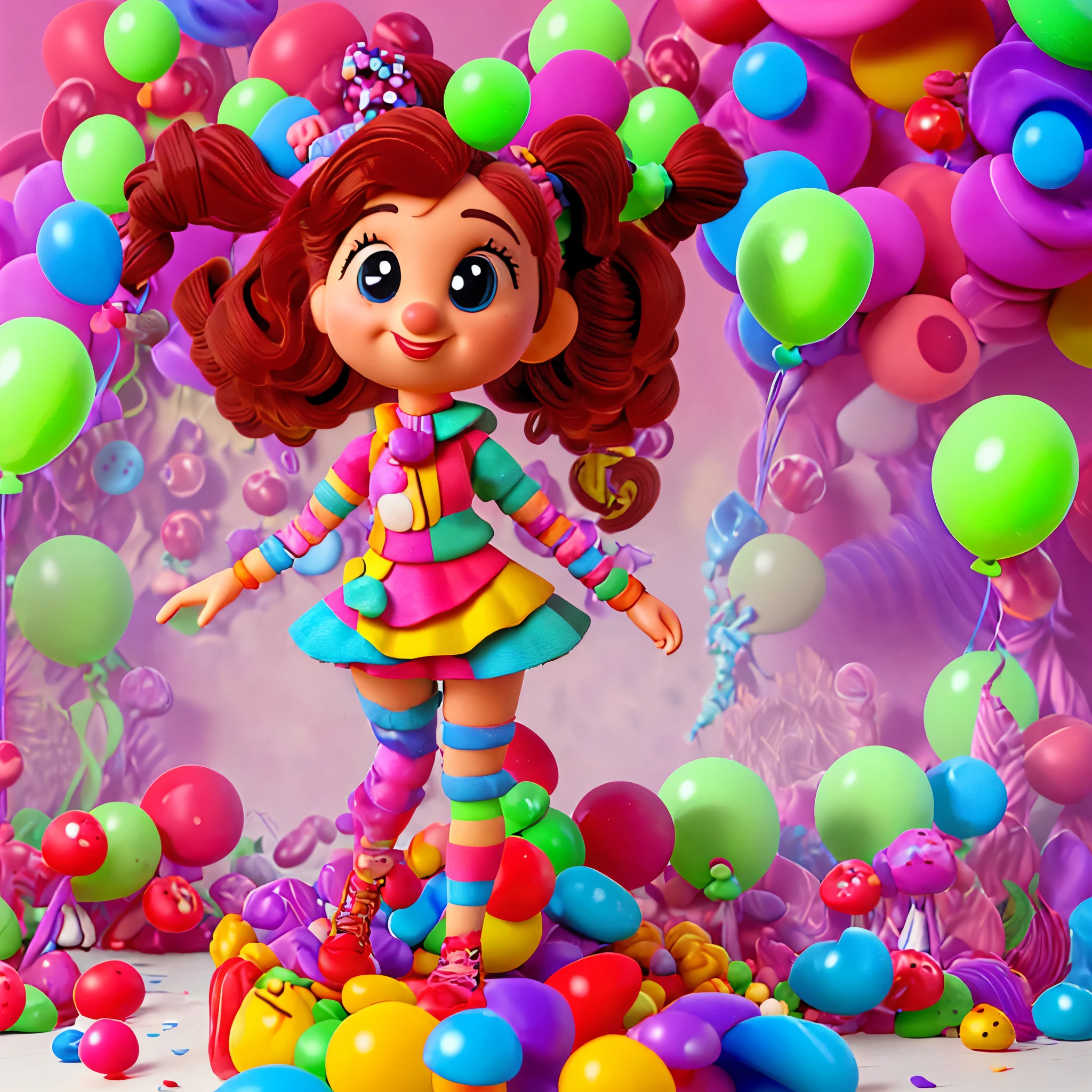 Clown girl, curly hair, balloons, birthday, pigtails, colorful background 