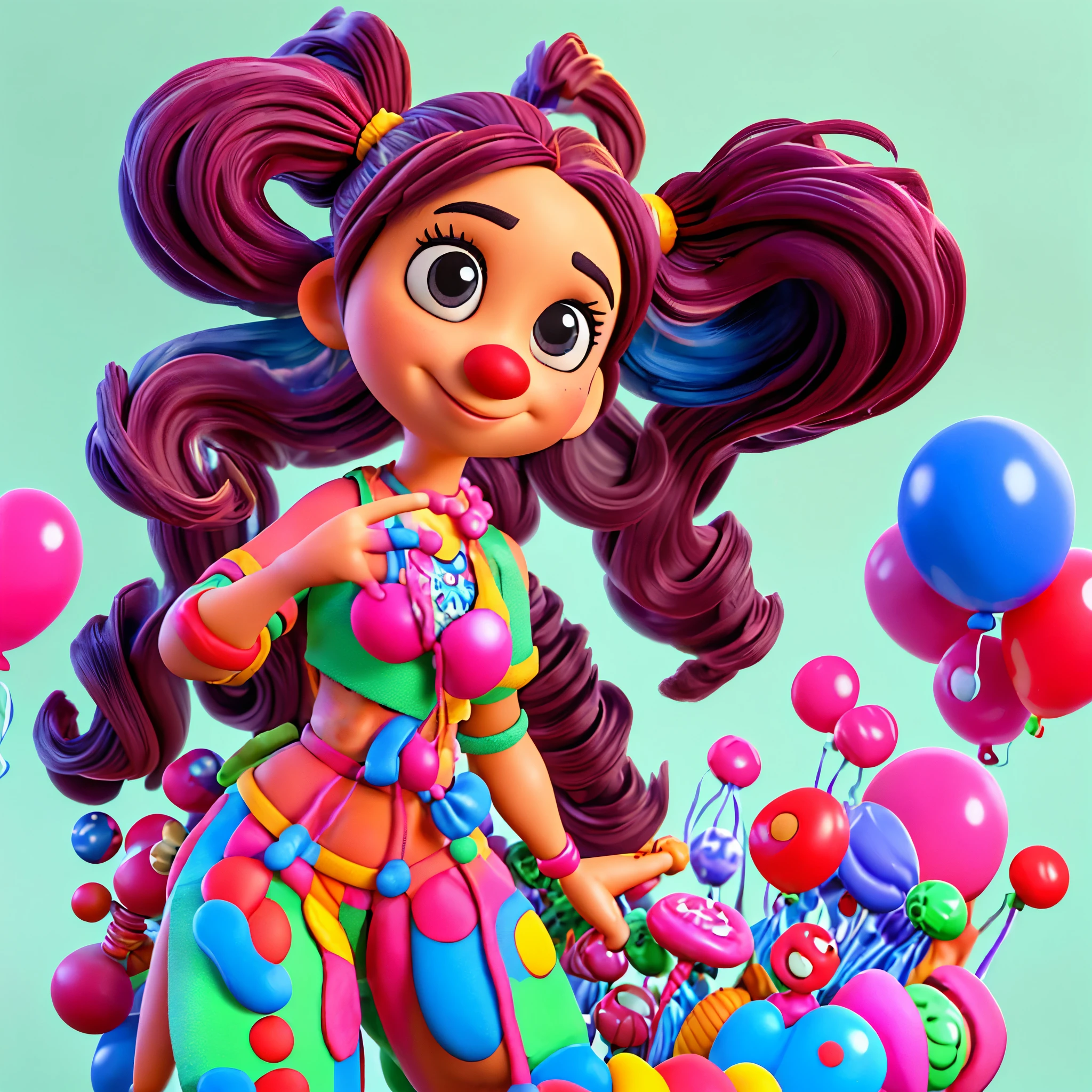 Clown girl, curly hair, balloons, birthday, pigtails, colorful background 