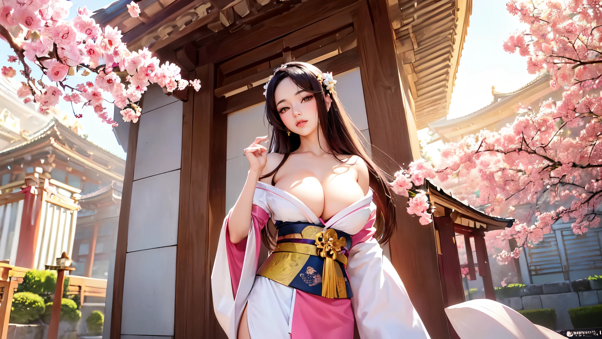 ((low angle)) Beautiful geisha with flowing hair, Fleshy lips, full breasts, beautiful eyes (With brilliance) thick thighs, wear a white and pink kimono, standing in front of the temple entrance, whose walls are beautifully decorated, with exotic plants on the facade, beautiful sunny morning ((hyperrealistic, Photorealistic, complex parts, 8 k, perfect lighting, Maximum sharpness)).