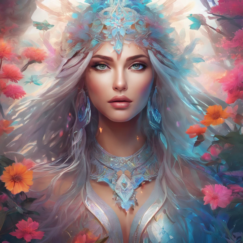 a girl with beautifully detailed eyes, detailed lips, and extremely detailed face, intricate facial features, long eyelashes, flowing hair, wearing traditional tribal jewelry, in a mystical forest setting, surrounded by vibrant flowers and plants, bathed in soft, ethereal lighting, creating a sense of magic and enchantment, created with the medium of digital painting and concept art, ultra-detailed and realistic, with vivid colors and a dreamlike atmosphere