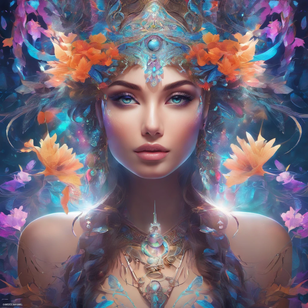 a girl with beautifully detailed eyes, detailed lips, and extremely detailed face, intricate facial features, long eyelashes, flowing hair, wearing traditional tribal jewelry, in a mystical forest setting, surrounded by vibrant flowers and plants, bathed in soft, ethereal lighting, creating a sense of magic and enchantment, created with the medium of digital painting and concept art, ultra-detailed and realistic, with vivid colors and a dreamlike atmosphere