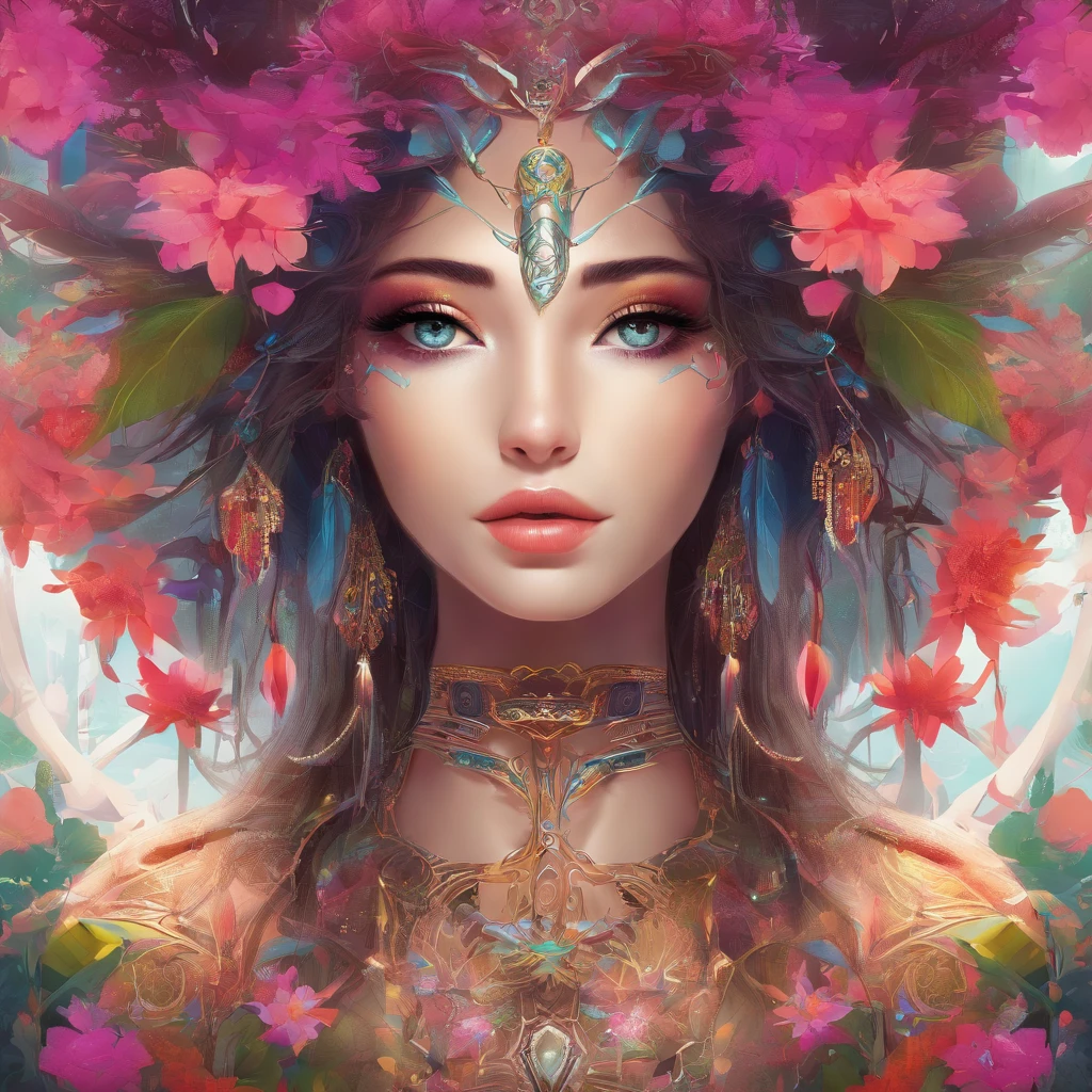 a girl with beautifully detailed eyes, detailed lips, and extremely detailed face, intricate facial features, long eyelashes, flowing hair, wearing traditional tribal jewelry, in a mystical forest setting, surrounded by vibrant flowers and plants, bathed in soft, ethereal lighting, creating a sense of magic and enchantment, created with the medium of digital painting and concept art, ultra-detailed and realistic, with vivid colors and a dreamlike atmosphere