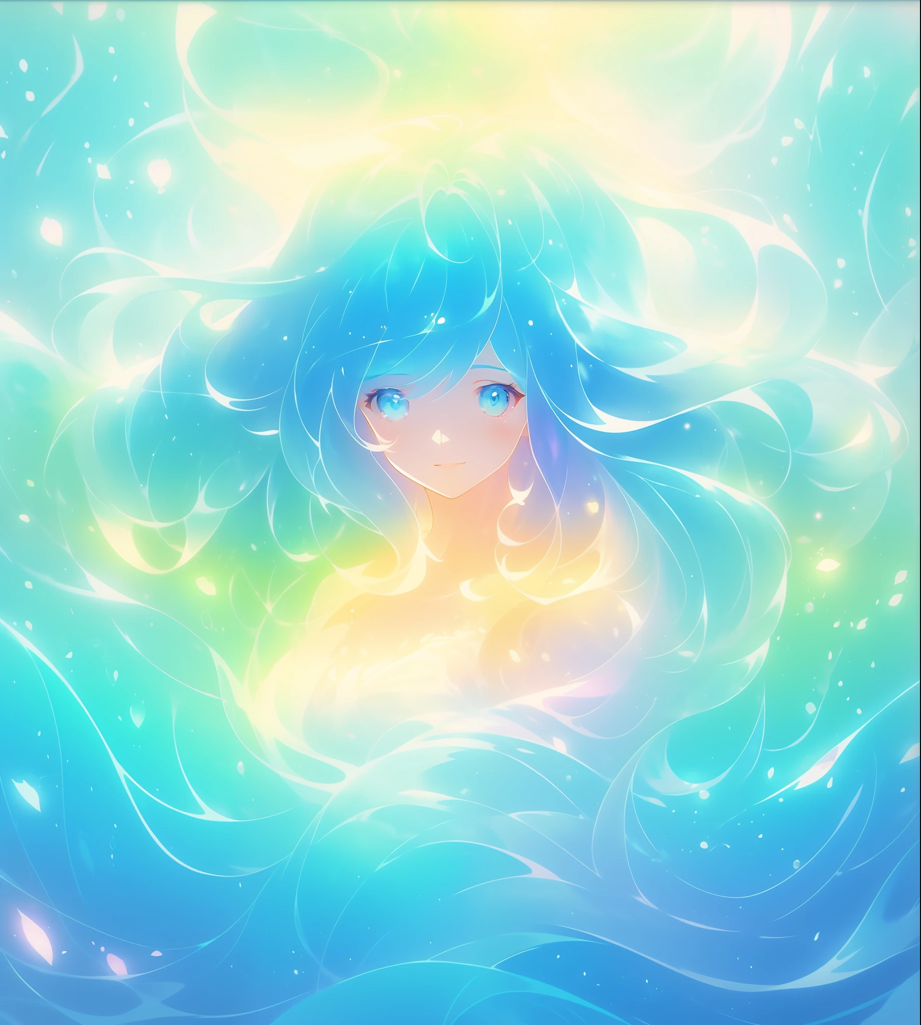 beautiful girl surrounded by liquid light, long wavy blue hair, watercolor illustration, inspired by Glen Keane, inspired by Lois van Baarle, disney art style, by Lois van Baarle, glowing aura around her, by Glen Keane, jen bartel, glowing lights! digital painting, flowing glowing hair, glowing flowing hair, beautiful digital illustration, fantasia otherworldly landscape plants flowers, beautiful, masterpiece, best quality, anime disney style