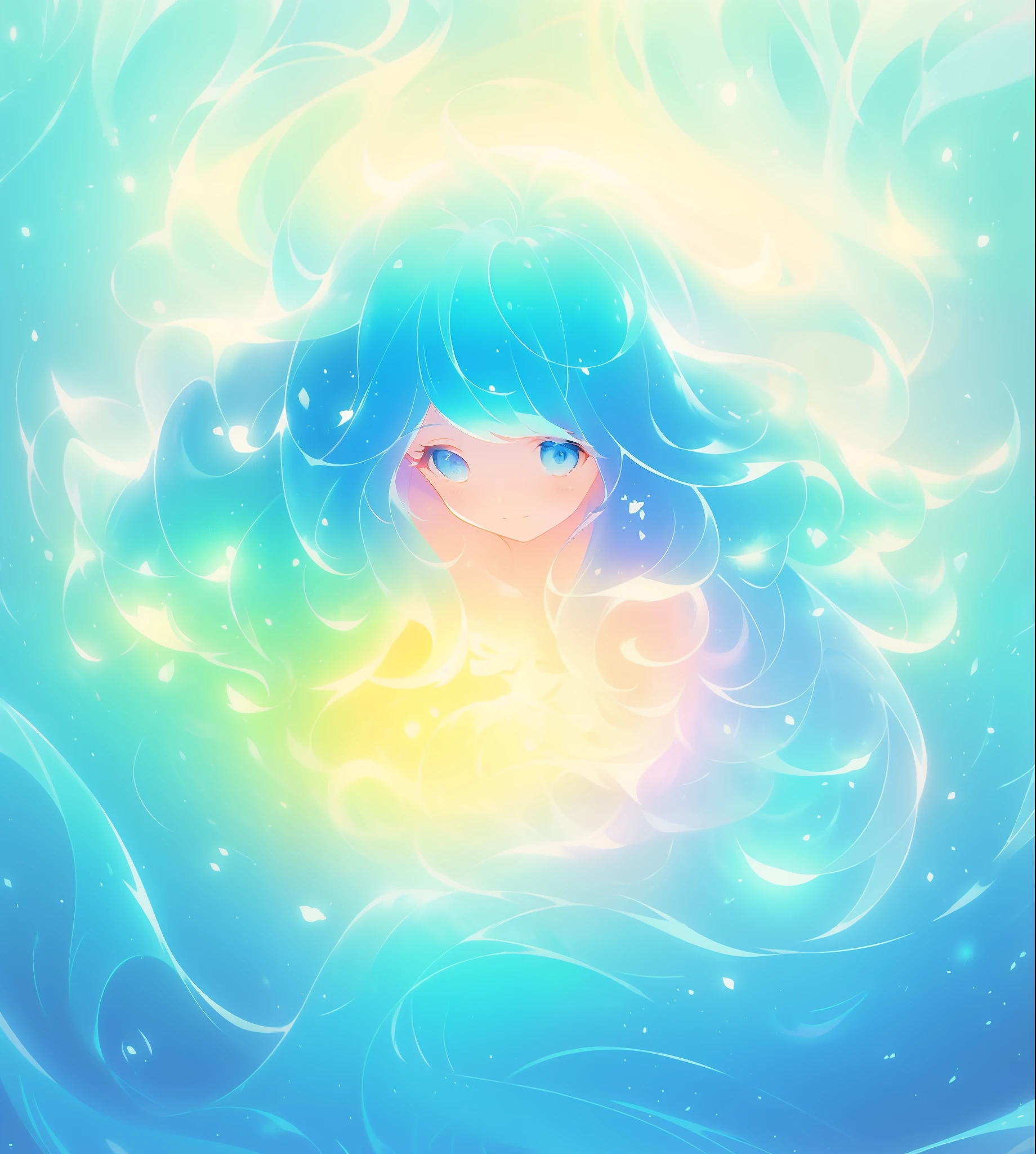 beautiful girl surrounded by liquid light, long wavy blue hair, watercolor illustration, inspired by Glen Keane, inspired by Lois van Baarle, disney art style, by Lois van Baarle, glowing aura around her, by Glen Keane, jen bartel, glowing lights! digital painting, flowing glowing hair, glowing flowing hair, beautiful digital illustration, fantasia otherworldly landscape plants flowers, beautiful, masterpiece, best quality, anime disney style