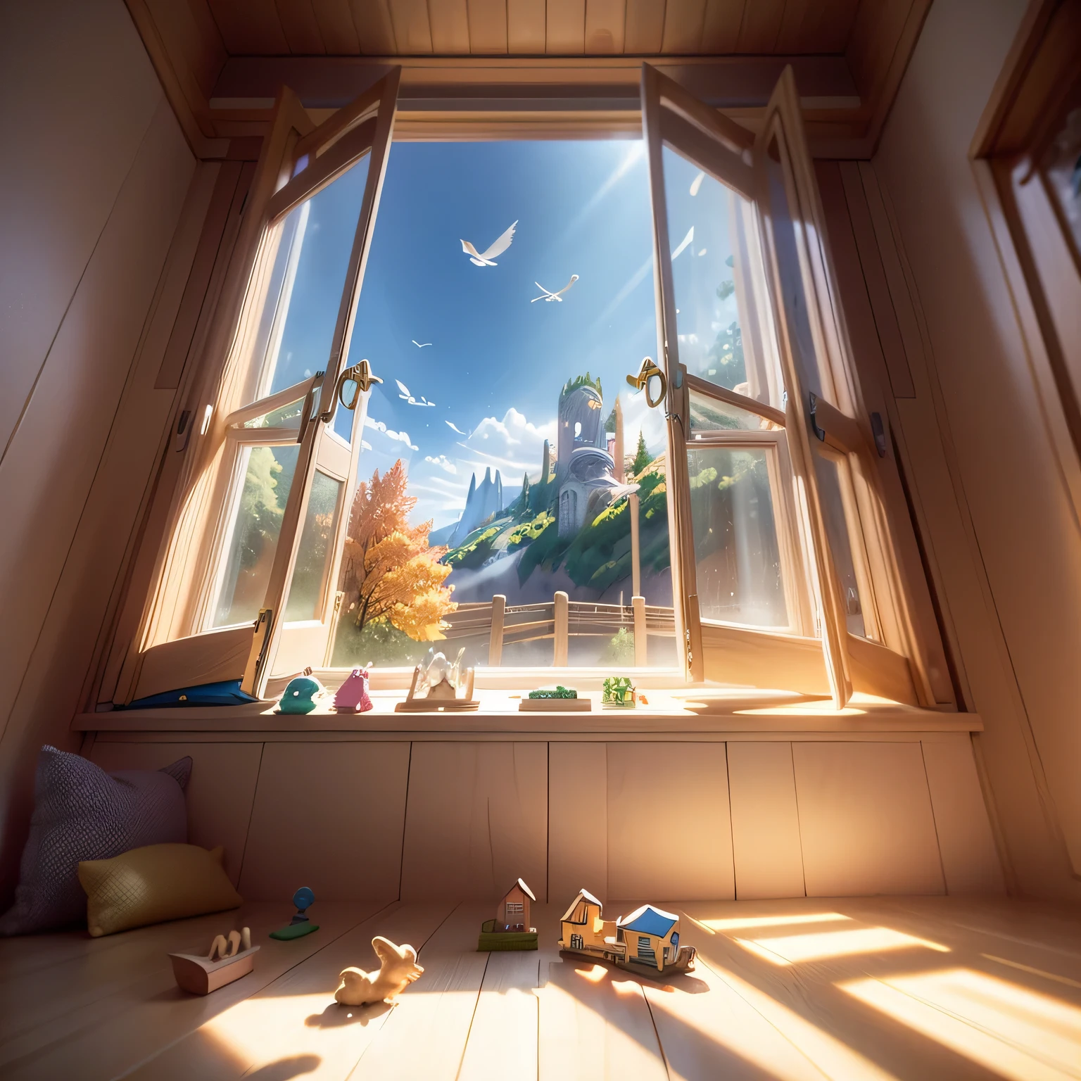 A children wooden puzzle toy in a children's room full of toys all over, light from a window, no animals, only photographs scattered among the toys, the puzzle featuring landscapes and landmarks, morning light casting a serene glow, Photography, captured with a high-resolution camera, 35mm lens, ISO 100 for clarity and detail