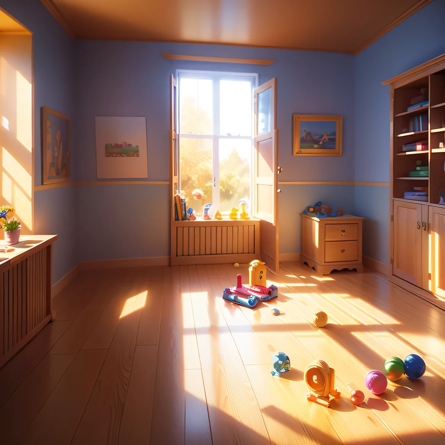 A bright children's room filled with toys and a wooden puzzle toy on the floor, next to photographs of various scenes and objects, sunlight beams through the window creating a vivid and welcoming atmosphere, Digital Painting, vibrant and detailed, focusing on the interplay of light and shadows