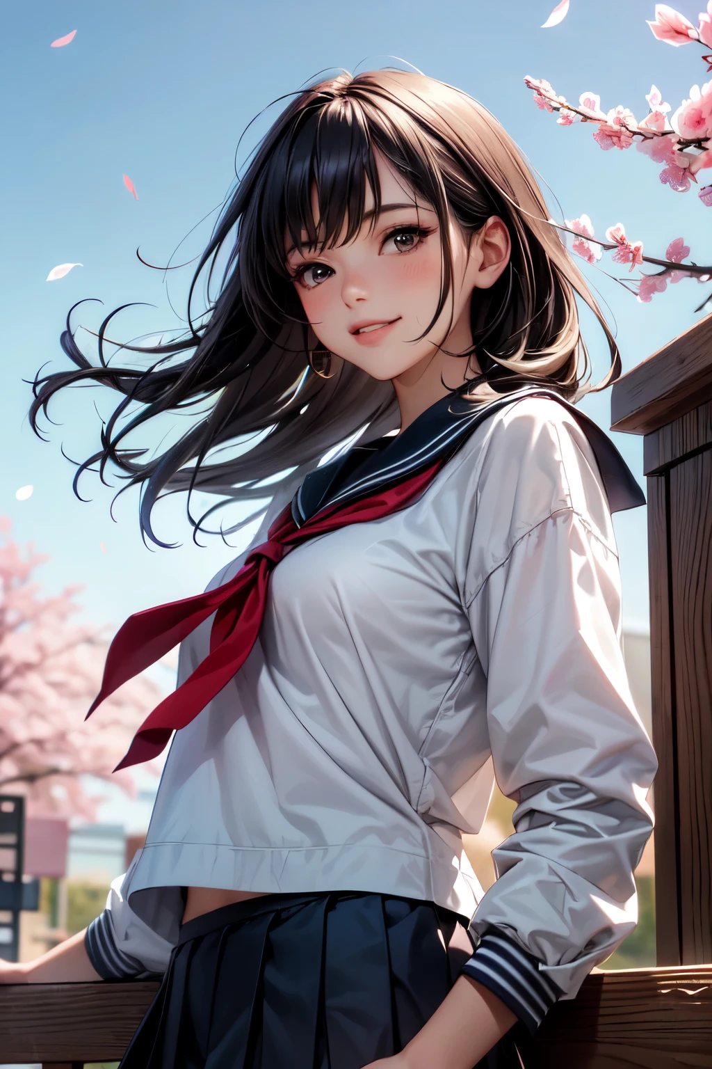 very cute and beautiful girl,(highly detailed beautiful face),
sailor ,long sleeve,(navy blue pleated mini skirt),cowboy shot,
(smile),happy,looking at viewer,black hair,school entrance with stone gate,cherry blossom,
(best quality,masterpiece:1.2),absurdres,highres,ultra-detailed,extremely detailed,32k,8k resolution,
intricate details,cinematic scene,detailed background,solo,dynamic angle,
natural lighting,hair fluttering in the wind,beautiful detailed sky,