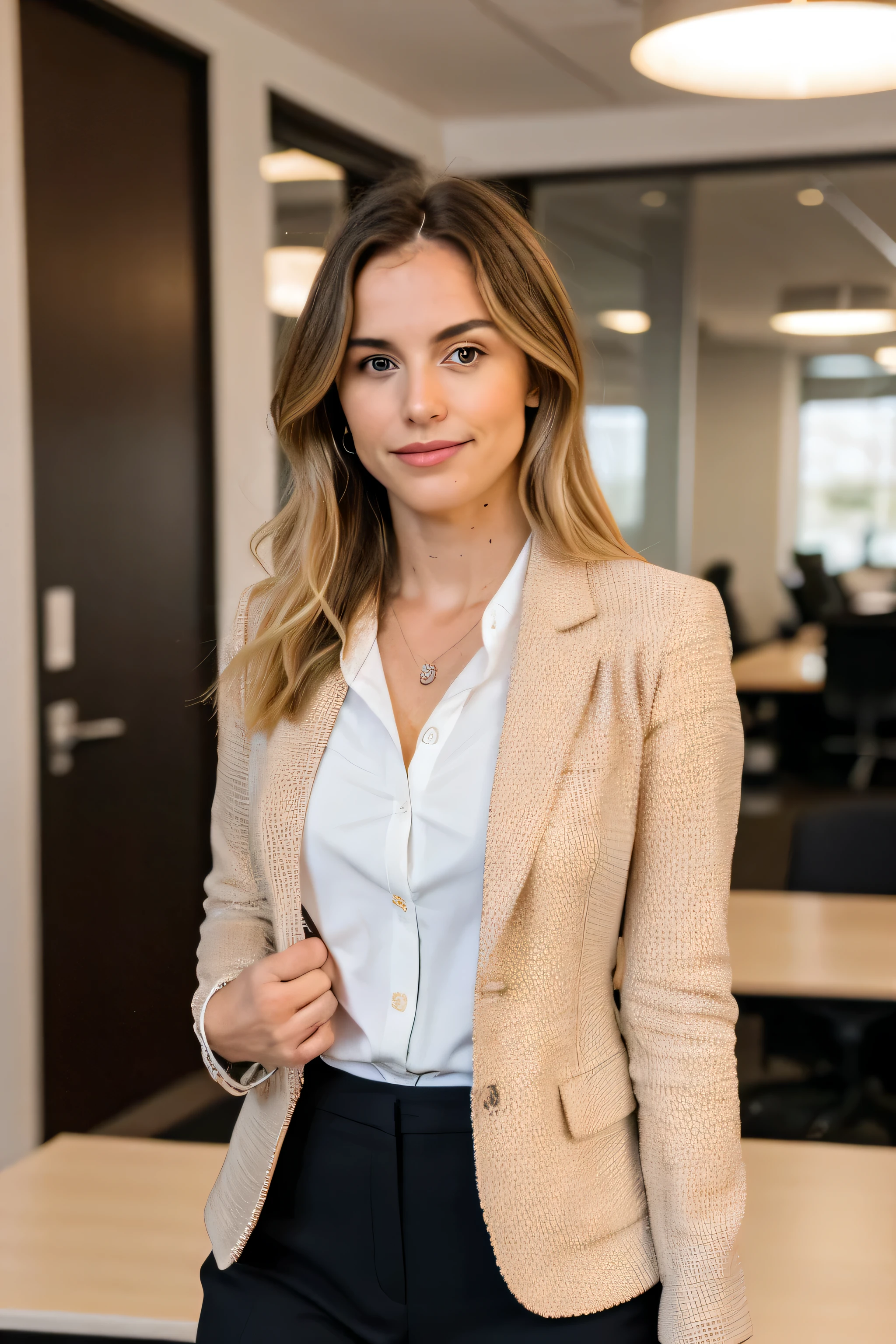 White businesswoman, with her characteristic wavy blonde hair, exudes sophistication in your modern office. Contudo, the spotlight is undeniably on her striking burnt orange blazer, a vibrant and powerful choice that not only complements your style, but also serves as a defining element of your professional attire.
O ousado blazer laranja, a statement piece against your blonde hair, adicione um toque de cor cativante, tornando-se o ponto focal do seu conjunto. Accurately captured using a DSLR and an 80mm Sigma f2 lens, a fotografia destaca habilmente os detalhes de seu rosto expressivo, pele radiante, e a textura do seu cabelo loiro ondulado. Special emphasis is placed on your hands, which are presented in a perfect and elegant way. A profundidade de campo aumenta o foco nela, com luz natural iluminando a cena, destacando tanto o cabelo loiro quanto o marcante tom laranja do blazer.
Positioned with confidence, with your hands perfectly positioned on the table, ela exala uma atitude equilibrada e determinada, simbolizando o sucesso no mundo profissional. The image masterfully captures the elegance, autenticidade, e empoderamento dos brancos, blonde businesswoman, with the bold statement of the orange blazer taking the lead in its elegant style, Modern workspace.