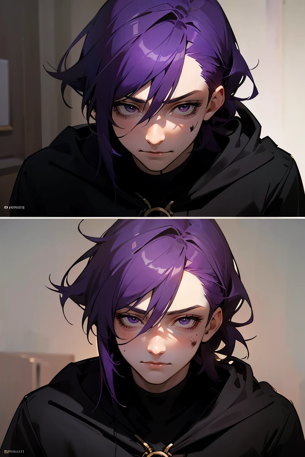 Masterpiece, Best quality, Realistic, 1 man, handsome, tall, detailed, sharp eyes, Pale skin, He is the epitome of schizophrenia, violet eyes, ((purple hair)), tired eyes, ((Crazy:1.3)), stars in his eyes, ((black bruises under his eyes:1.2)), brash, stubborn, self-righteous, egotist, Black hoodie, ((dark bedroom:1.2)), Clutter in the room, lots of details, masculine, strong, slight smile, dtalesized light background, detailed lighting, highlights, (Sakimical Frank Franchetta, Heise Jinyao)