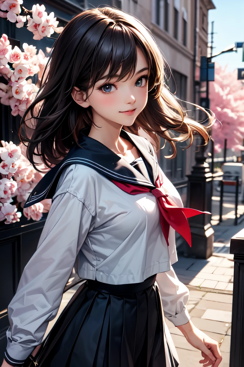 very cute and beautiful girl,(highly detailed beautiful face),
sailor ,long sleeve,(navy blue pleated mini skirt),cowboy shot,
(smile),happy,looking at viewer,black hair,school entrance with stone gate,cherry blossom,
(best quality,masterpiece:1.2),absurdres,highres,ultra-detailed,extremely detailed,32k,8k resolution,
intricate details,cinematic scene,detailed background,solo,dynamic angle,
natural lighting,hair fluttering in the wind,beautiful detailed sky,