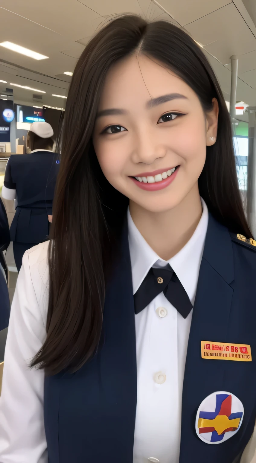 ((highest quality、8K、masterpiece:1.3))、sharp:1.2、perfect body beauty:1.4、slim abs:1.2、big、((stewardess uniform:1.3))、(airport、plane:1.2)、beautiful face、straight hair、Highly detailed face and skin texture、detailed eye、look at the camera、black hair、dark eyeliner、necklace around neck、ear piercing、smile、beautiful teeth