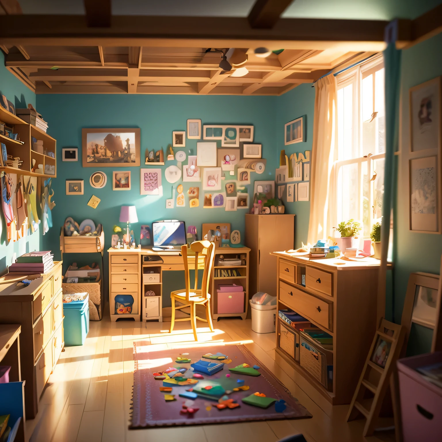 A cluttered children's room illuminated by soft, natural light from a large window, a wooden puzzle amidst a colorful chaos, surrounded by photographs instead of animals, creating a nostalgic and homely feel, Illustration, digital art in a photorealistic style