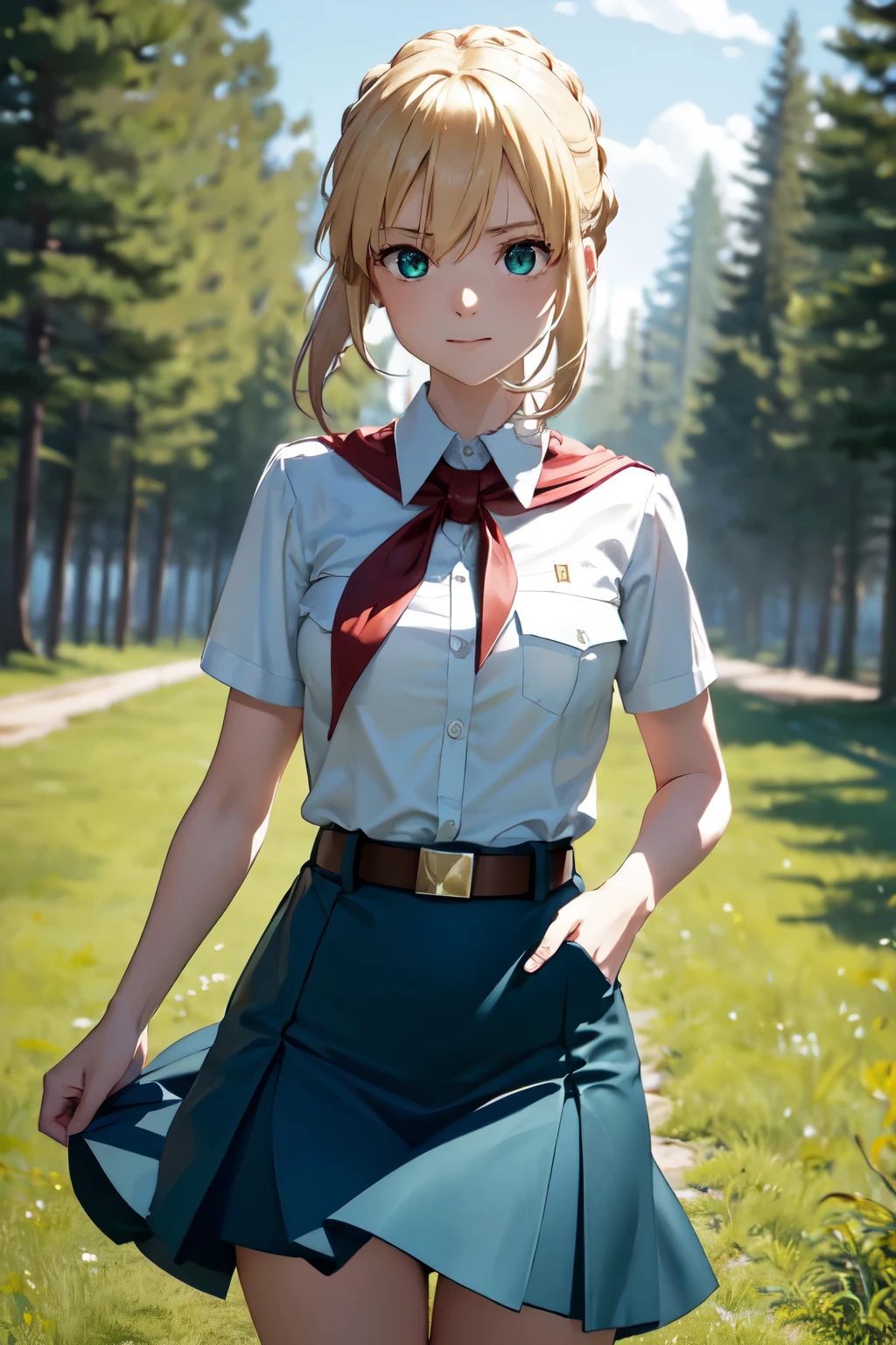 blond hair, braid, ahoge, raised eyebrows, sparkling eyes, green eyes, shy smile, atmospheric perspective, anime style, cinematic lighting, glowing light, Wide-Angle, 8k, best quality, masterpiece, high details, high quality, slim and fit young girl, perfect flat breast, slim waist, pioneer neckerchief, blue microskirt, bangs, white thight shirt, short sleeves, collared shirt, belt, eyelashes, red neckerchief, breast pocket, saber
