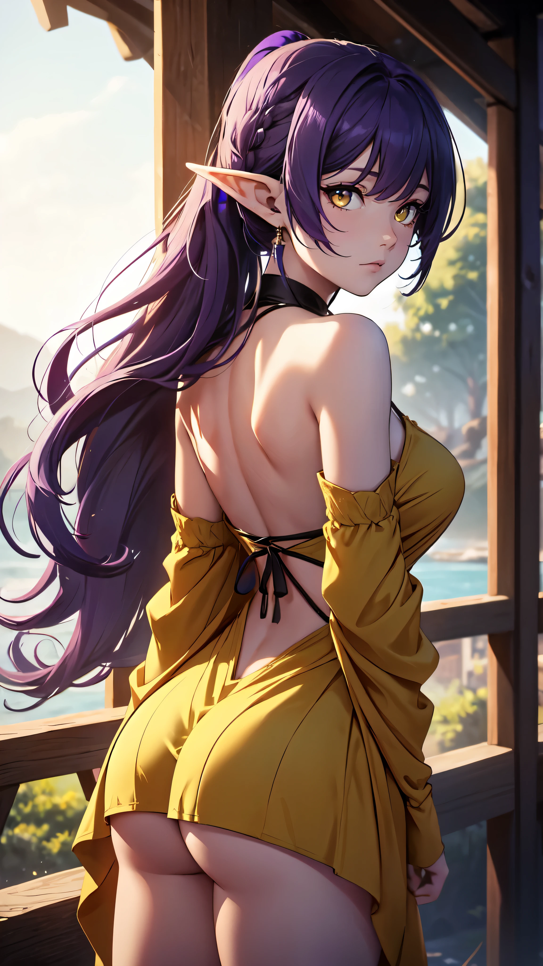 Young elf girl, long curly purple hair, elf ears, low ponytail, nice, yellow eyes, half-naked dress, open shoulders, open back, standing back, looking around, masterpiece:1.2, high quality, ultra-detailed, realistic:1.37, HDR, vivid colors, bokeh, portraits, landscape, professional, sharp focus, physically-based rendering