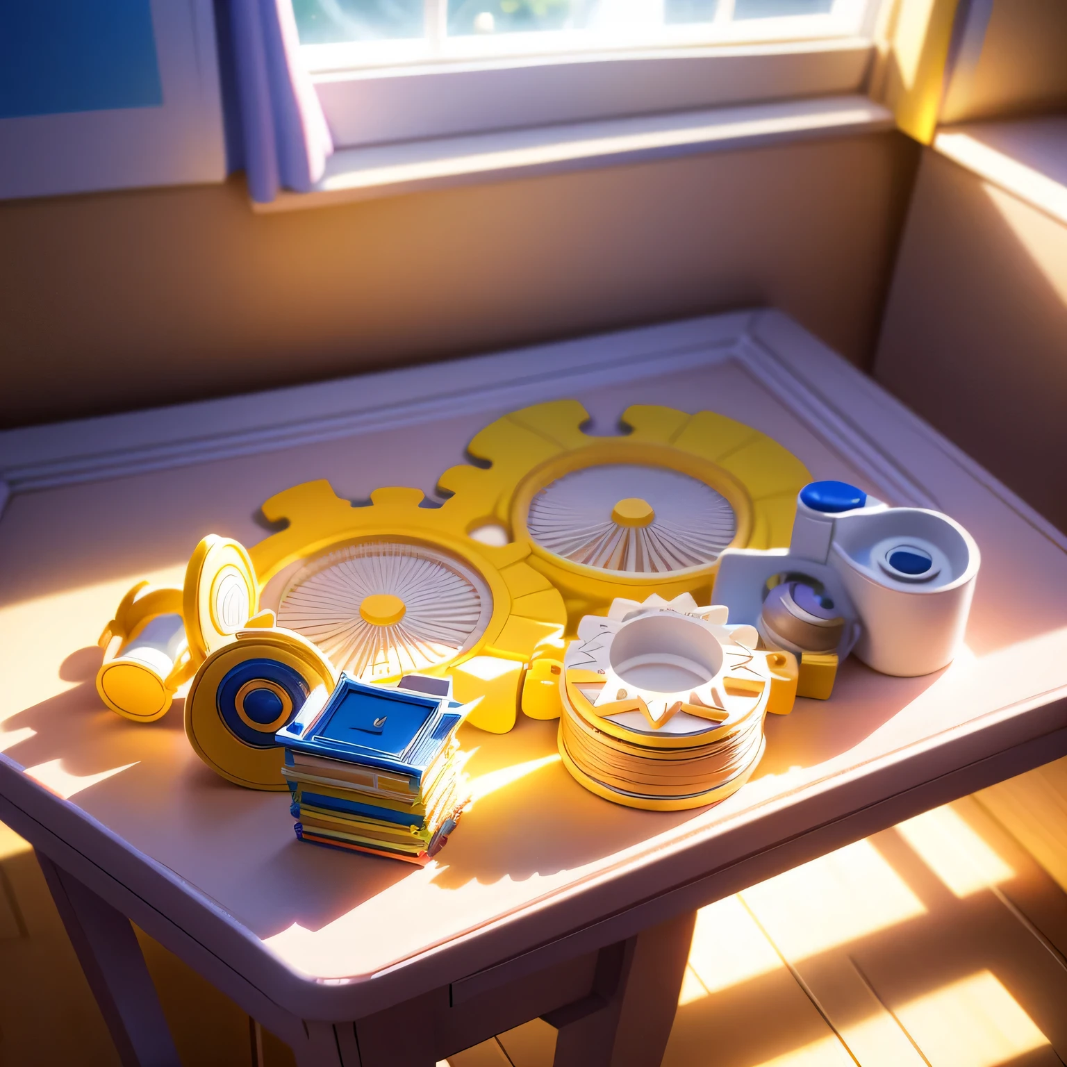 A puzzle for children placed on a small table in the center of a brightly lit children's room, toys scattered around the room, sunlight streaming through a window casting playful shadows, Photography, taken with a Canon EOS 5D Mark IV, 85mm lens, f/2.8 for a shallow depth of field focusing on the puzzle