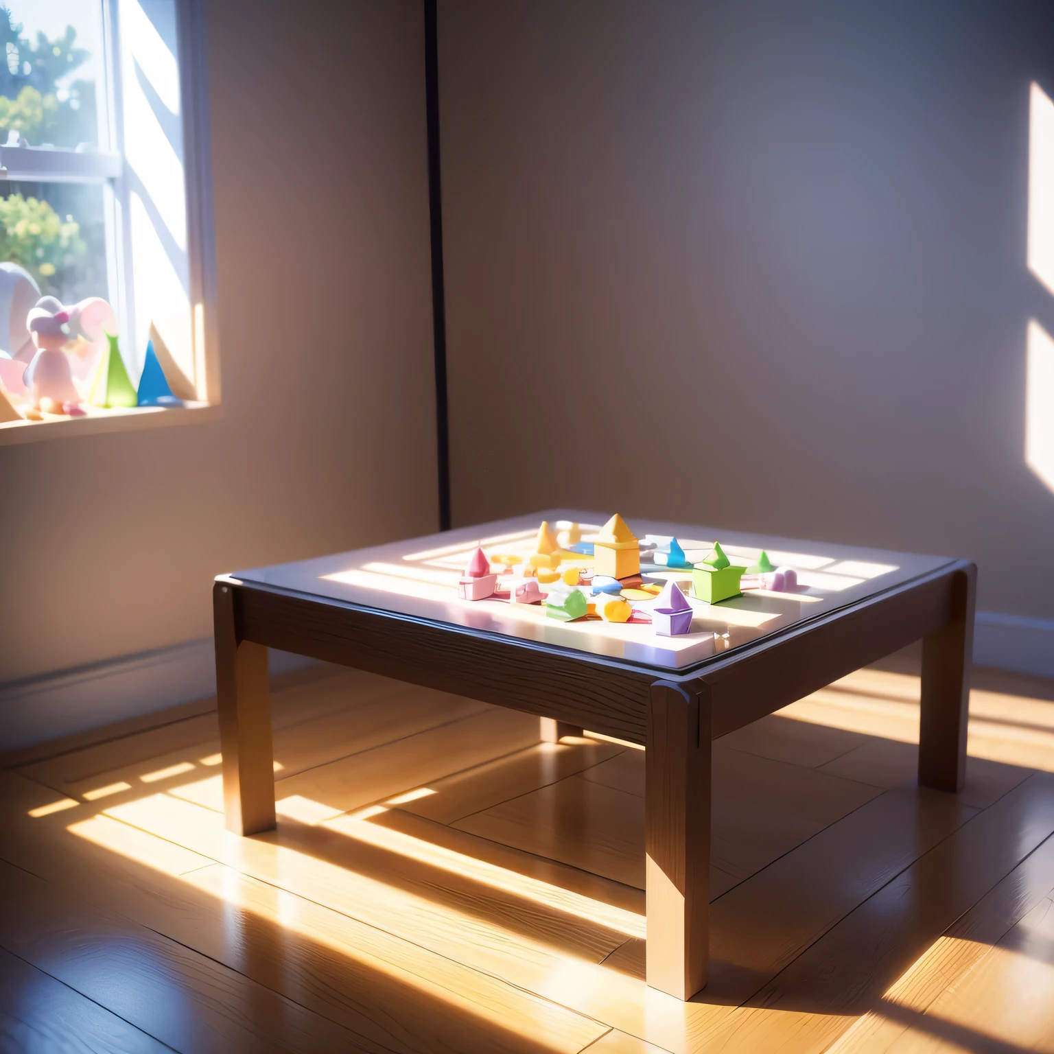 A puzzle for children placed on a small table in the center of a brightly lit children's room, toys scattered around the room, sunlight streaming through a window casting playful shadows, Photography, taken with a Canon EOS 5D Mark IV, 85mm lens, f/2.8 for a shallow depth of field focusing on the puzzle