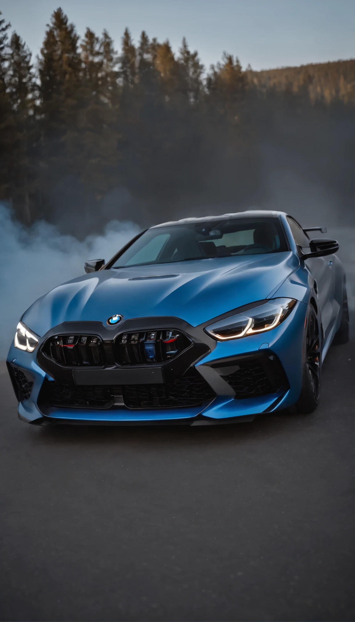 Темная синяя BMW M8 competition ,  Black background , blue background,  in the smoke ,Included headlights , the whole car is completely visible