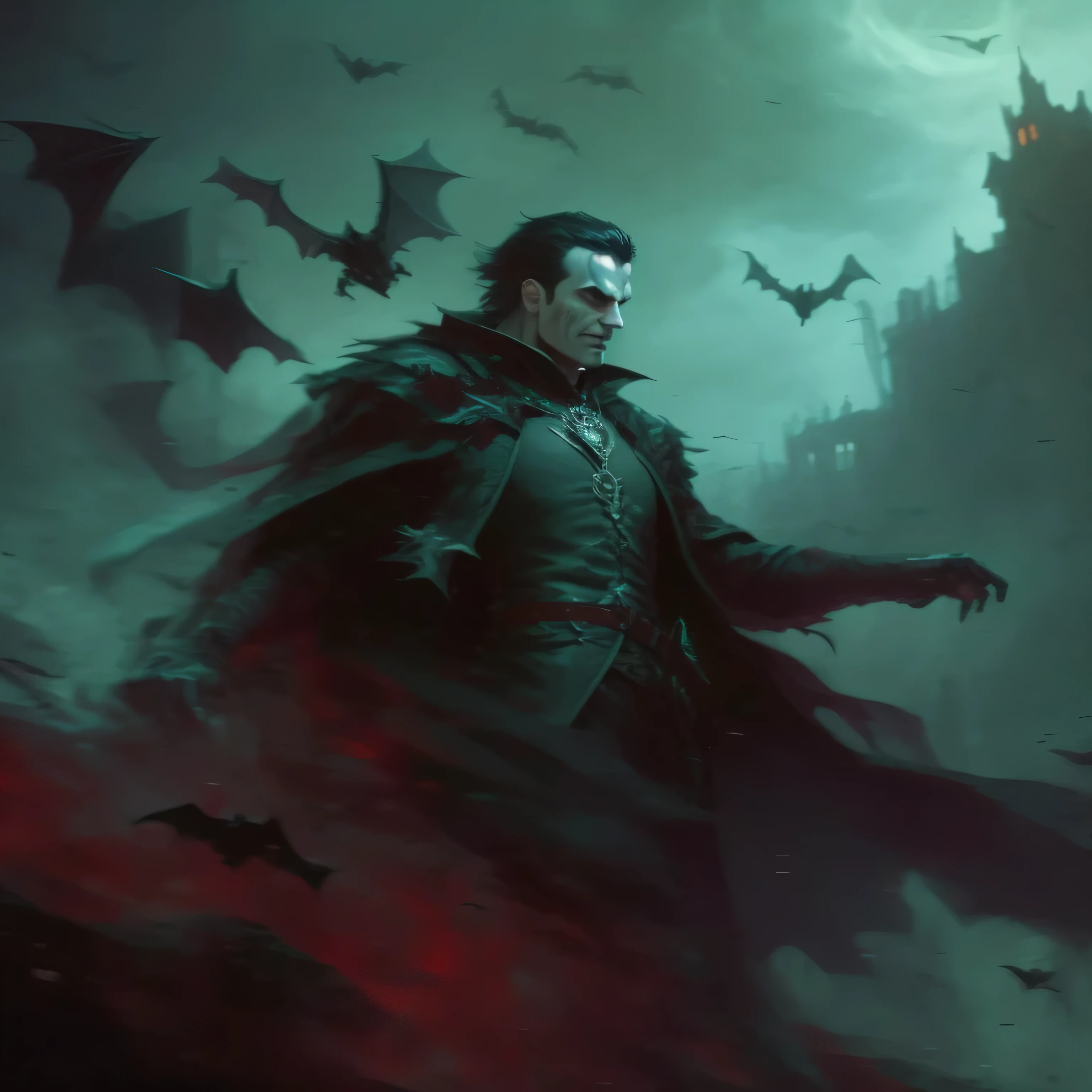 arafed image of a man in a cape with bats flying around him, dark fantasy concept art, vampire lord, dark fantasy style art, male vampire of clan banu haqim, dark fantasy artwork, dark fantasy art, vampire of clan lasombra, male vampire, dark fantasy character design, gothic fantasy art, vampires fantasy, an ominous fantasy illustration