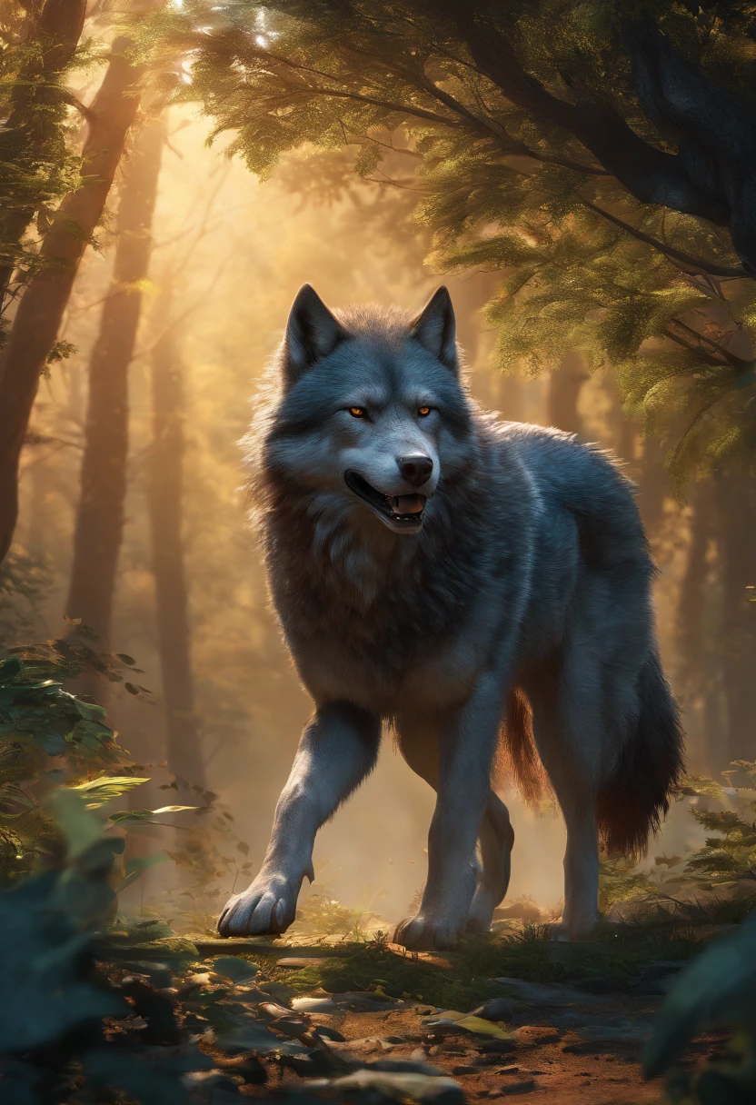 (best quality,ultra-detailed,highres,realistic:1.2),hombre lobo,(aggressive,ferocious) human-like (features,facial features),dense forest,moonlight peeking through the trees,ominous atmosphere,sharp fangs,clawed hands,body covered in fur,muscular and intimidating presence,tension in the air,wolf-like (eyes,face),cold and eerie color palette,dynamic lighting,howling in the distance,rays of moonlight casting shadows amongst the trees,dense foliage,haunting silence.