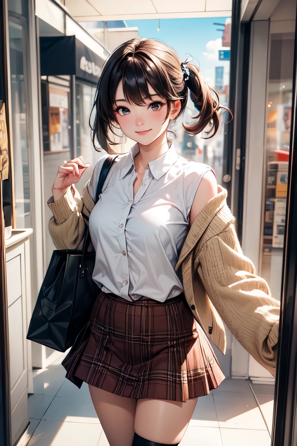 very cute and beautiful girl,,(highly detailed beautiful face),(white blouse),(smile),
(beige cardigan:1.2) BREAK (brown shoulder bag),(brown plaid mini skirt:1.2),zettai ryouiki,
stylish pose,hair ornament,black hair,black boots,dressing room in shopping mall,
(best quality,masterpiece:1.2),absurdres,highres,ultra-detailed,extremely detailed,32k,8k resolution,
intricate details,cinematic scene,detailed background,solo,dynamic angle,
hair fluttering in the wind,beautiful detailed sky,
