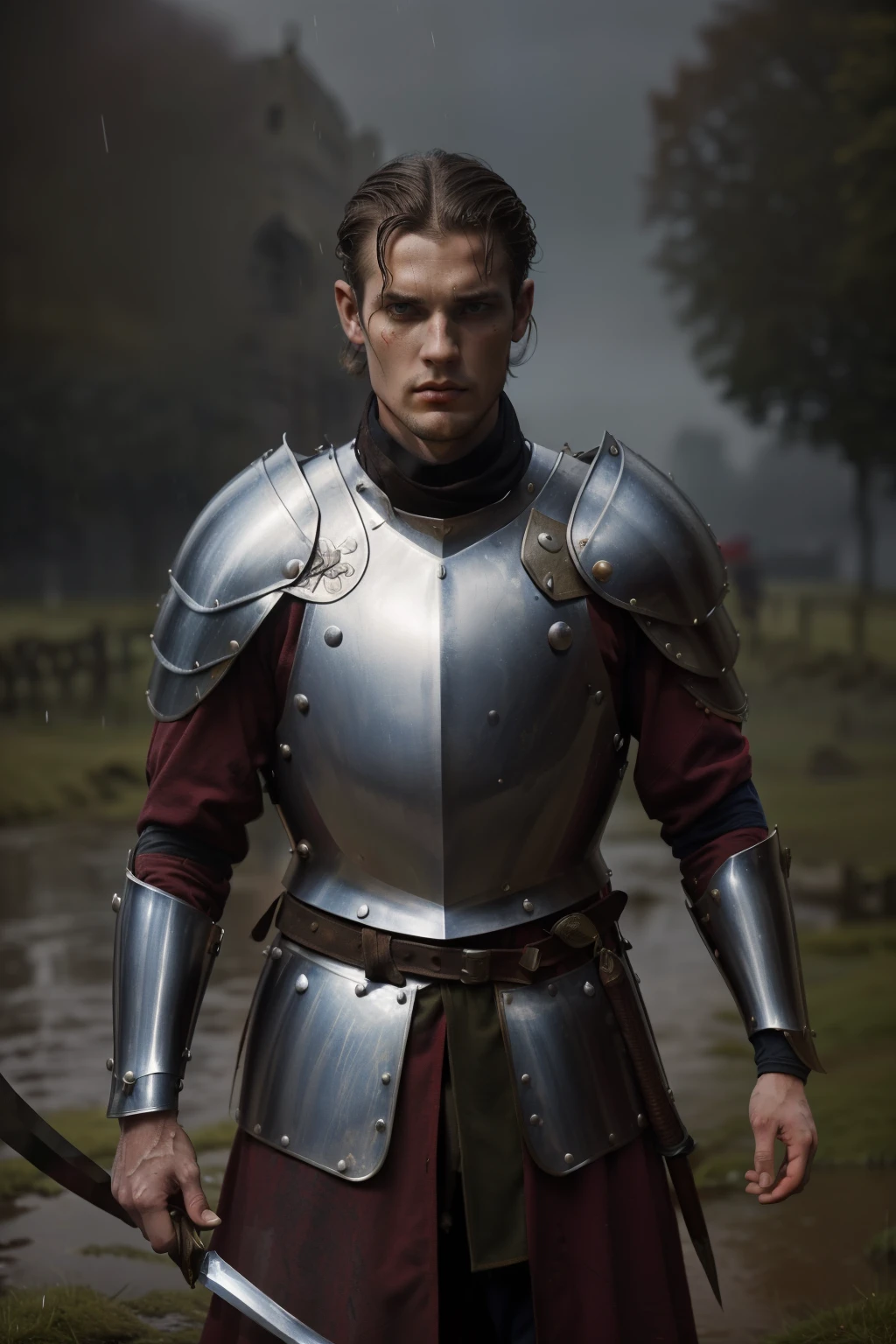 France, 1346. A young ((((29-year-old)) Ralph Fitzgerald)), intense eyes, ambitious, tall, athletic, in a battlefield, sword fight, ((fierce expression)), rainy day, raindrops, wet, mud and blood. ((((clothings from the 1340s, english soldier armor)))), ((dark hairstyle of the 1340s))