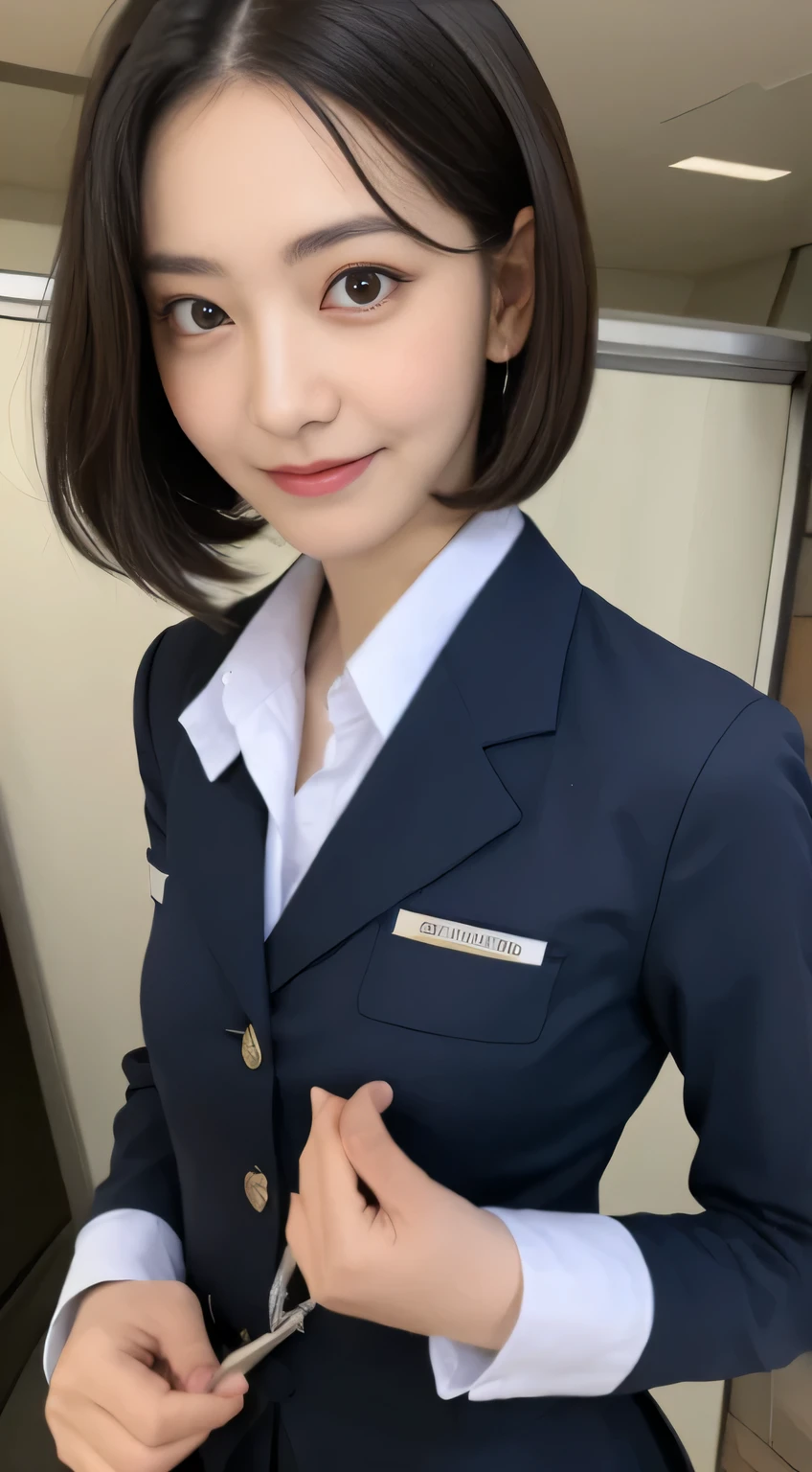 ((highest quality、8K、masterpiece:1.3))、sharp:1.2、perfect body beauty:1.4、slim abs:1.2、big、((stewardess uniform:1.3))、(airport、plane:1.2)、beautiful face、straight hair、Highly detailed face and skin texture、detailed eye、look at the camera、laughter、neat、hairstyle shortcut、dark eyeliner、smile、beautiful teeth