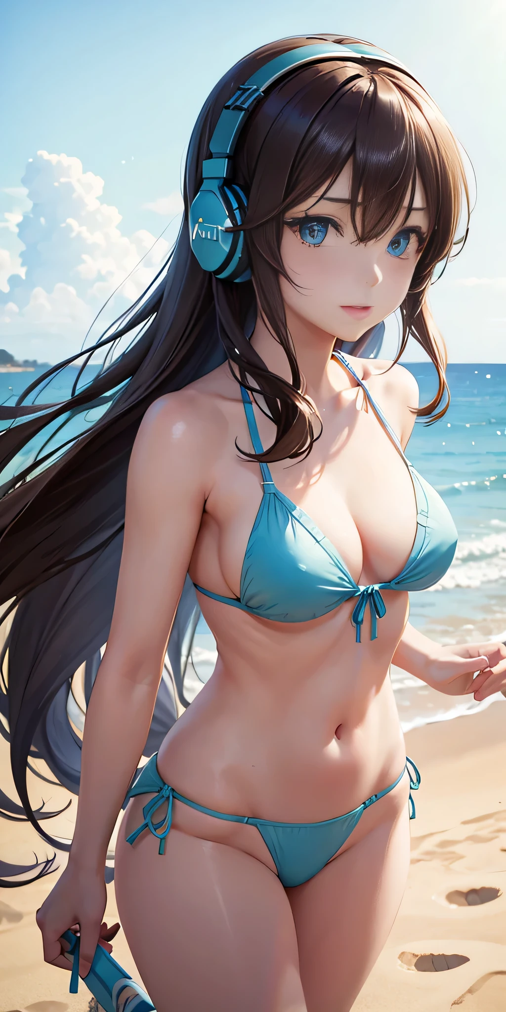 all inticate details: "(cowboy shot, full body, miku nakano, miku nakano, long hair, bangs, blue eyes, brown hair, hair between eyes, headphones, headphones around neck, nakano miku, firm breasts, medium breasts
BREAK bikini,
BREAK outdoors, beach,
BREAK looking at viewer, BREAK (masterpiece:1.2), best quality, high resolution, unity 8k wallpaper, (illustration:0.8), (beautiful detailed eyes:1.6), extremely detailed face, perfect lighting, extremely detailed CG, (perfect hands, perfect anatomy))" ,Miku nakano, ((random angle)) , 80% nude
