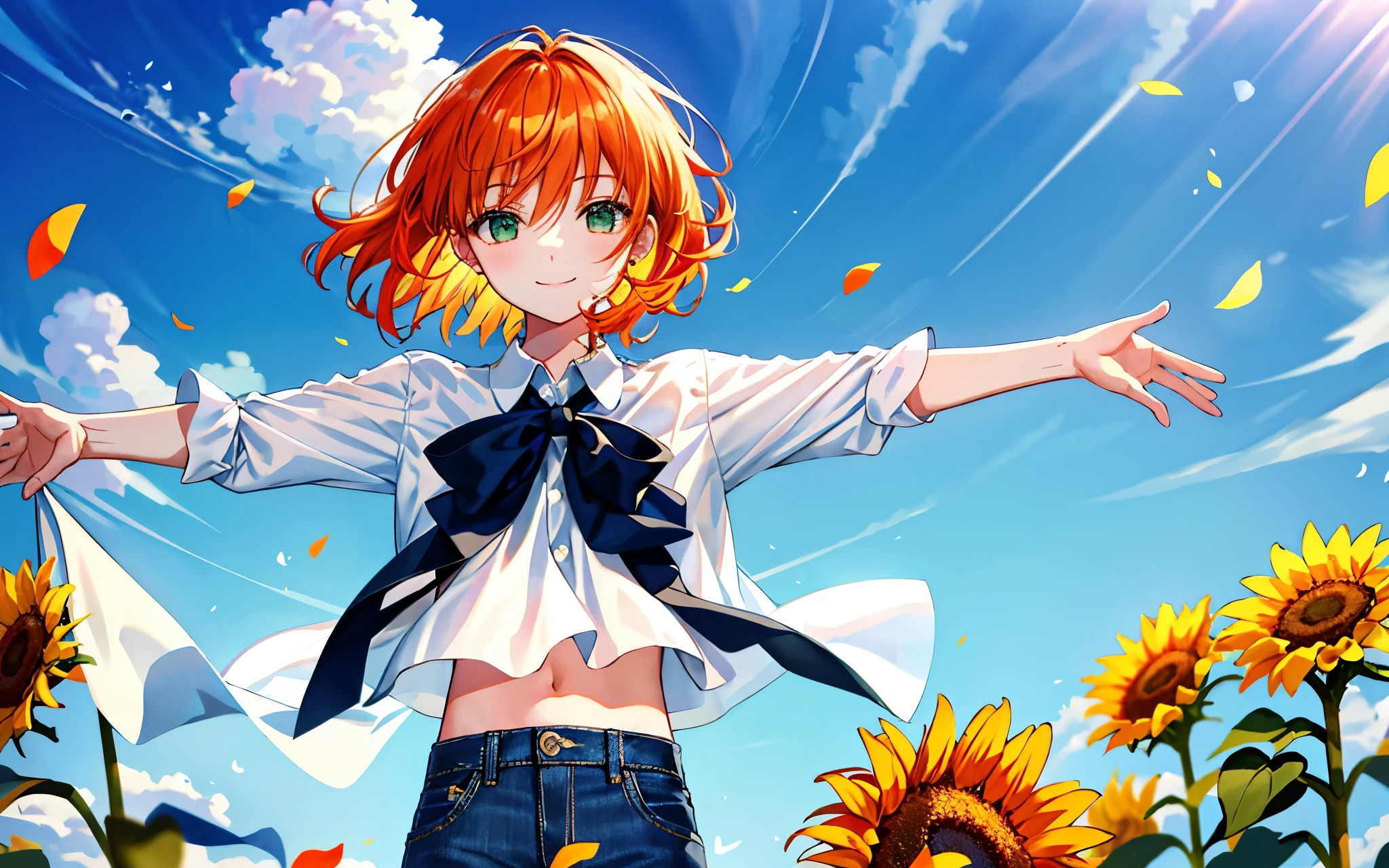 highest quality、perfect face、very detailed、very delicate、男alone, detailed face、golden ratio face、Gentle sunlight falls on my face,white collared shirt、ブルーのshorts、shorts、jeans、summer、Sunflowers are in full bloom、open your arms、orange hair、medium hair、green eyes、alone、fine eyes、detailed background、smile、take a look here、petal、blue sky、High level image quality、delicate fingers and hands、whole body、upright